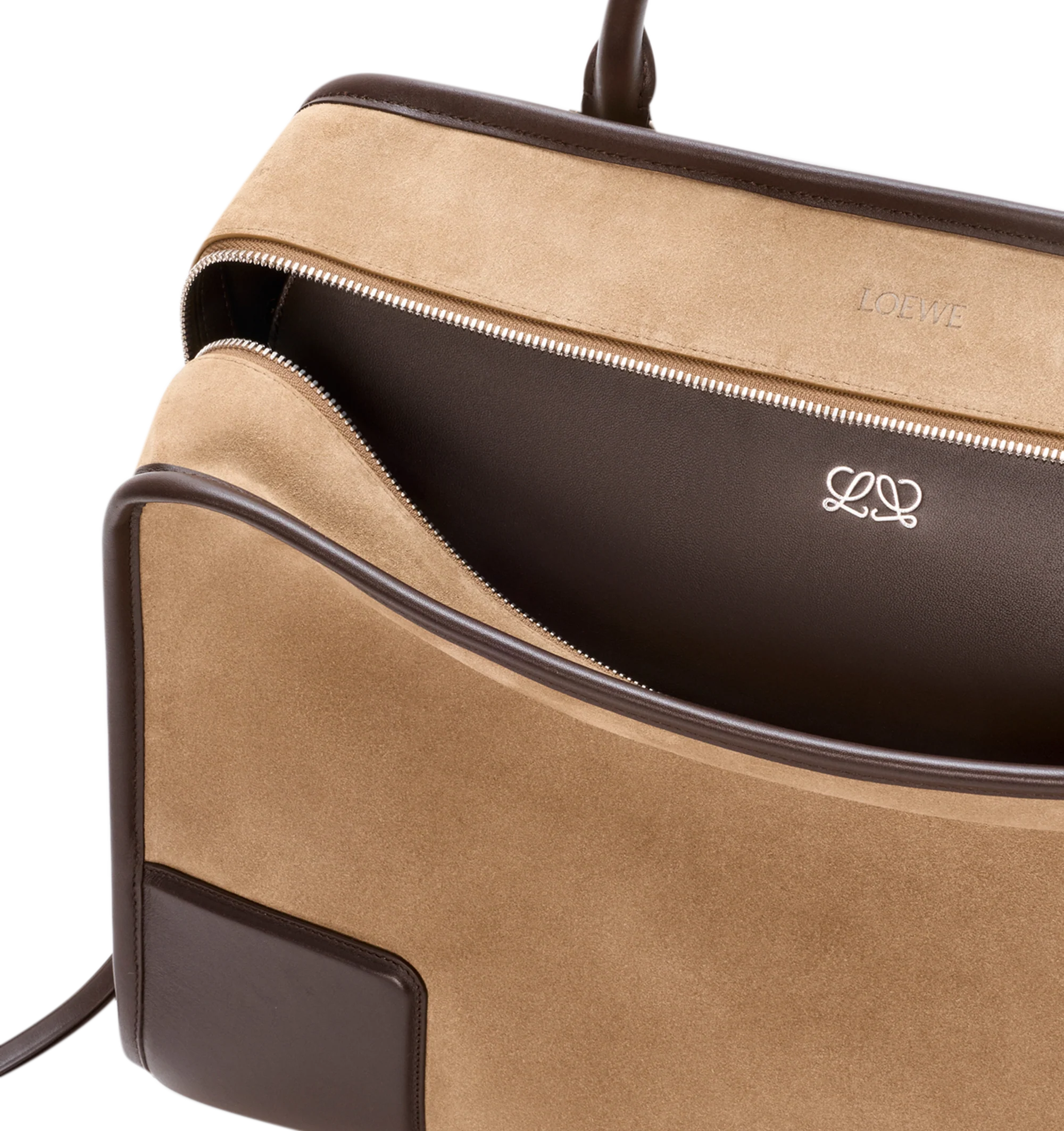 Image 10 of 16 - BROWN - Loewe Mens Amazona 180 XL Bag is crafted from suede with soft calfskin details. Features a relaxed silhouette, single toron top handle, removable shoulder handle, adjustable crossbody strap, zip closure with two leather pullers, two compartments with concealed magnetic closure, interior flat pocket, side D-ring, suede and nappa lambskin lining, palladium-tone hardware, and embossed LOEWE and Double L branding. Dimensions: 40 31 16 cm; Strap Length: 105133 cm; Strap Drop: 4761 cm;