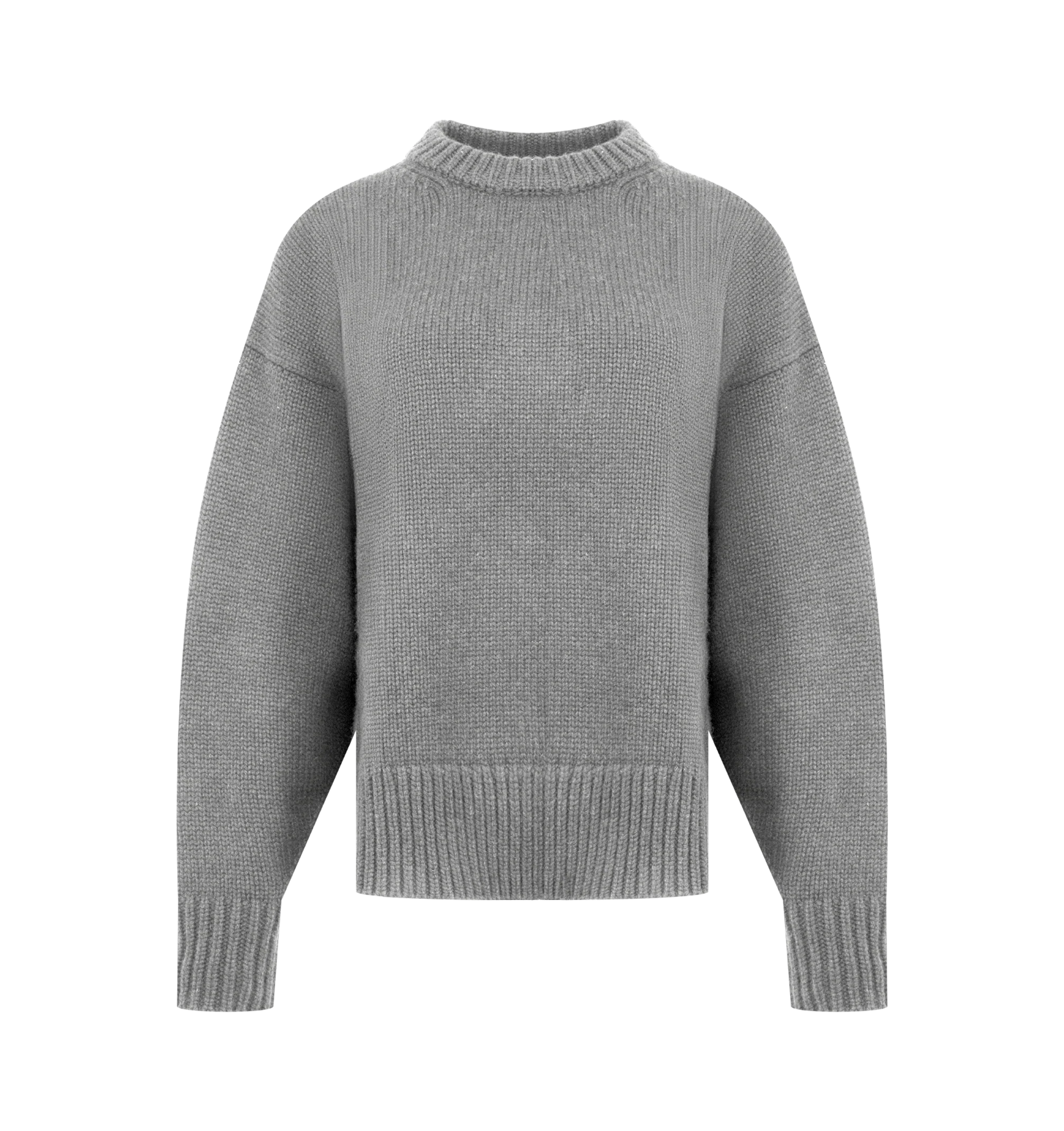 Image 1 of 2 - GREY - The Row women's Oversized crewneck sweater in midweight wool and cashmere with ribbed neckline, cuffs, and hem, bell-shaped sleeves, and signature center back detail. 65% Wool, 35% Cashmere. Made in Italy.