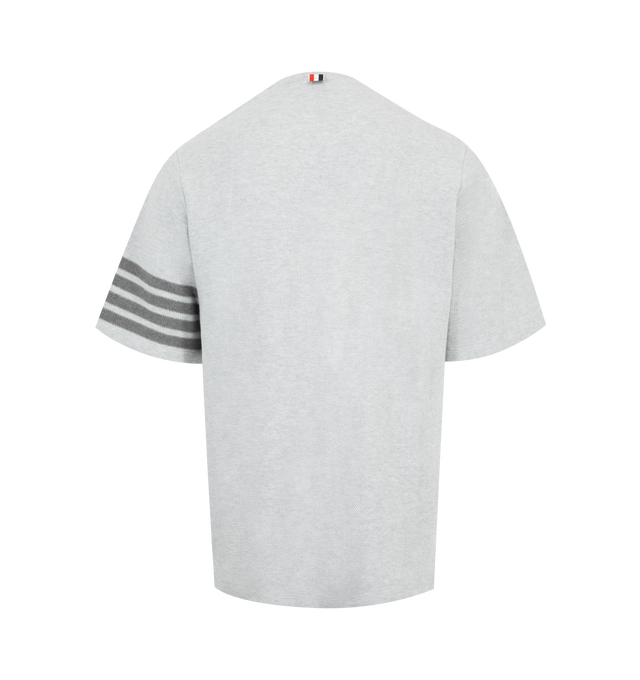 Image 2 of 3 - GREY - THOM BROWNE Textured Pique 4 Bar Tee featuring ribbed neckline, buttoned side vents with RWB grosgrain trim, stepped hem, engineered 4-bar detailing, name tag appliqu and signature striped grosgrain loop tab. 100% cotton. Made in Italy.