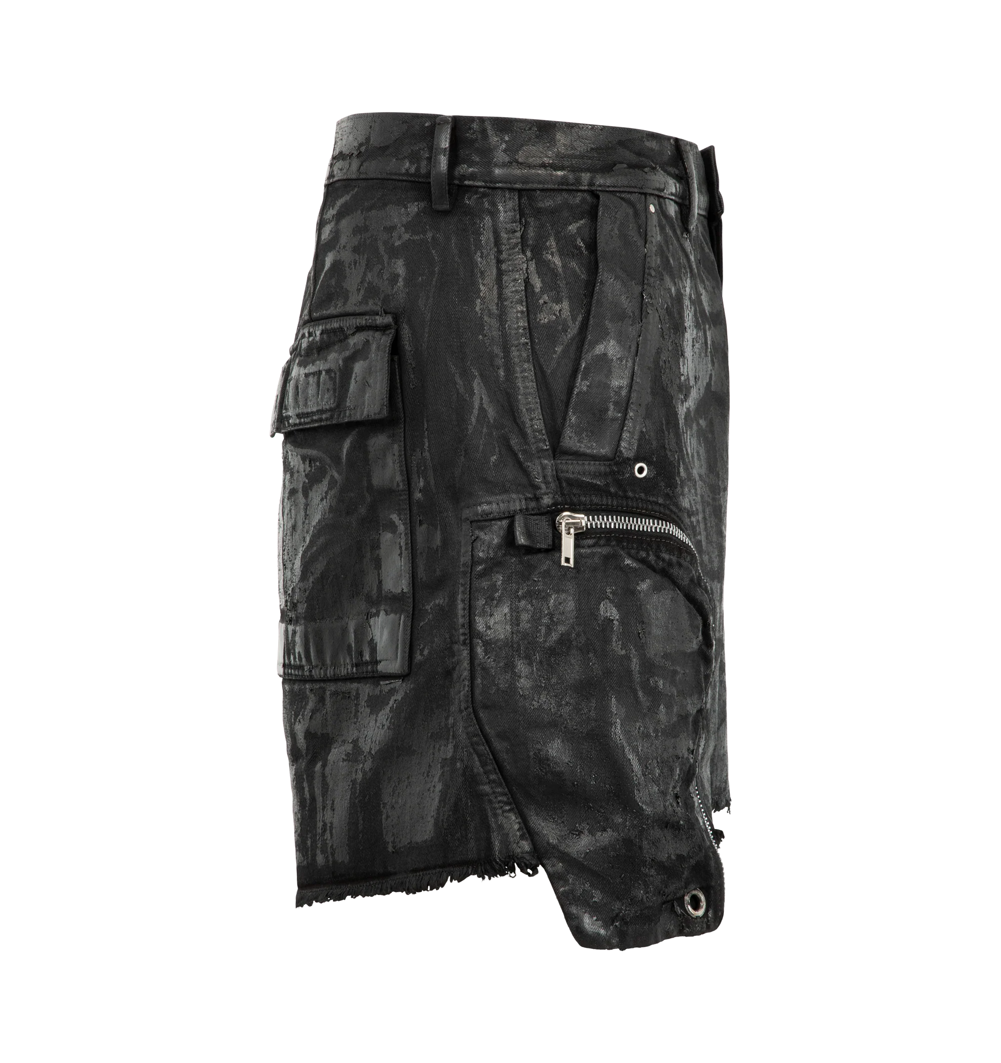 Image 3 of 3 - BLACK - Rick Owens Drkshdw Men's Bauhaus Shorts are crafted from 100% cotton denim and feature a frayed knee-length silhouette with a low dropped crotch, side pockets, signature round Bauhaus zip pockets at the front, and back pockets. Main Material: 100% Cotton Denim