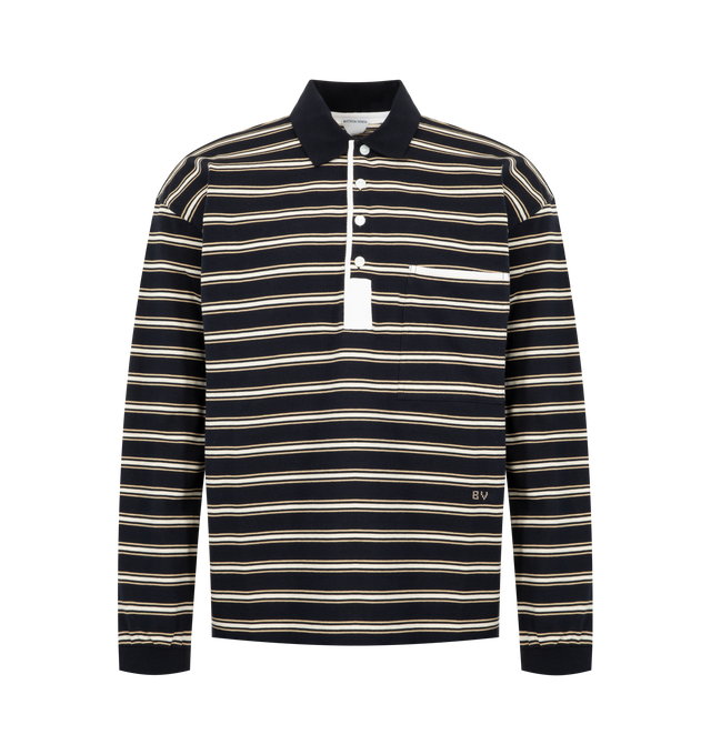 Image 1 of 2 - MULTI - Bottega Veneta Mens Striped Polo Sweater is crafted from premium cotton knit. Features a relaxed fit, long sleeves, ribbed collar and cuffs, button placket, chest pocket, and all-over striped pattern. Main Material: 100% Cotton. Made in Italy