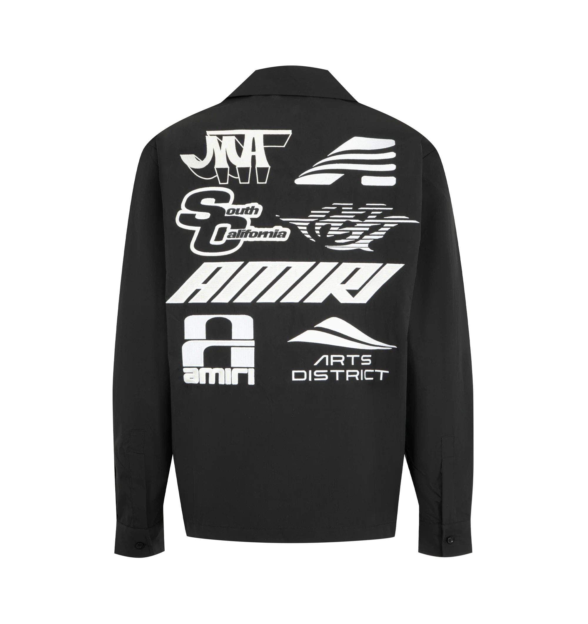 Image 2 of 2 - BLACK - AMIRI Sport Emb Cotnyl Camp Shirt featuring button front closure, graphics printed on chest and back, button cuffs and notched collar. Made in Italy. 