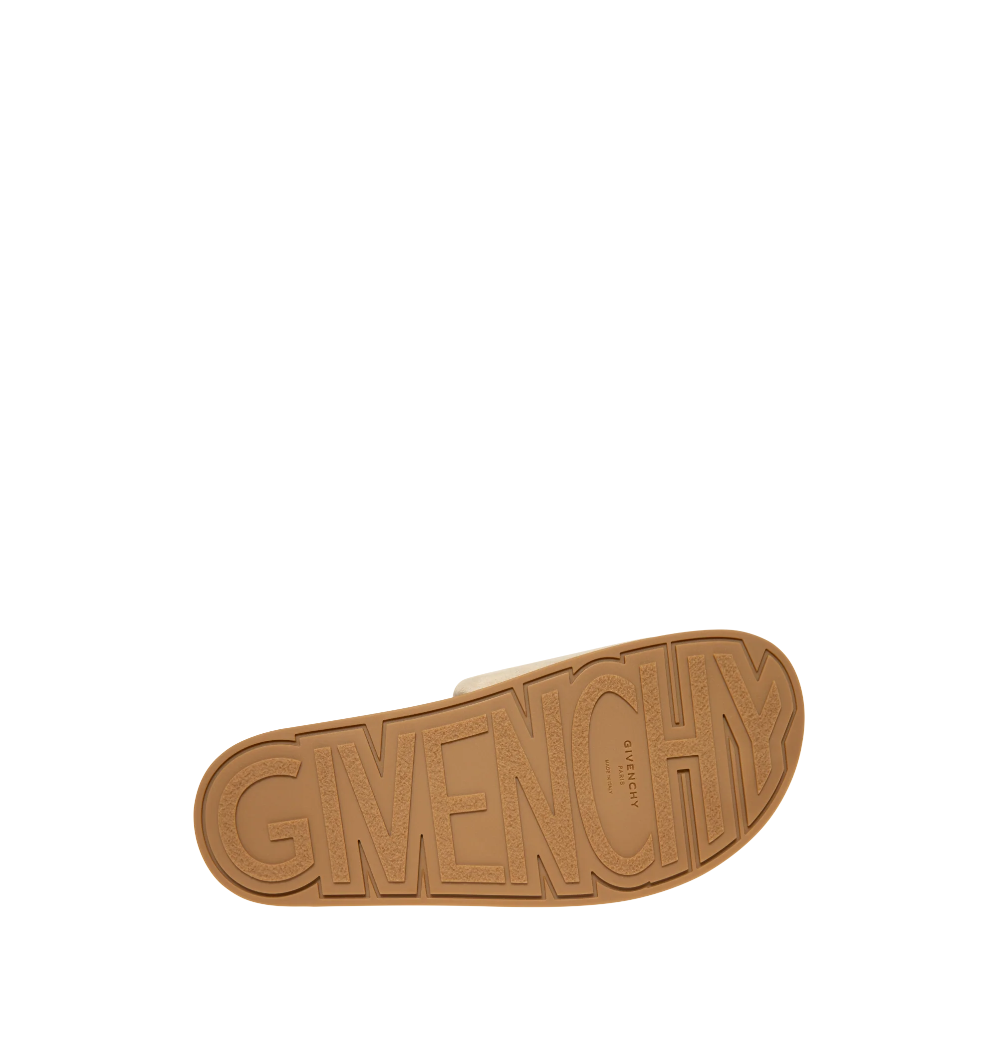 Image 4 of 5 - NEUTRAL - Givenchy Puffy Mules in Suede are crafted from supple calfskin suede and feature the house's signature Puffy silhouette with an asymmetric, slip-on design. Designed with a tonal padded label accented by a silvery Givenchy Paris logo, a branded leather insole, and a raised Givenchy signature beneath the sole, the mules combine comfort with a refined contemporary aesthetic. Main Material: 100% Calfskin Leather. Lining: 100% Calfskin Leather. Made in Italy. 