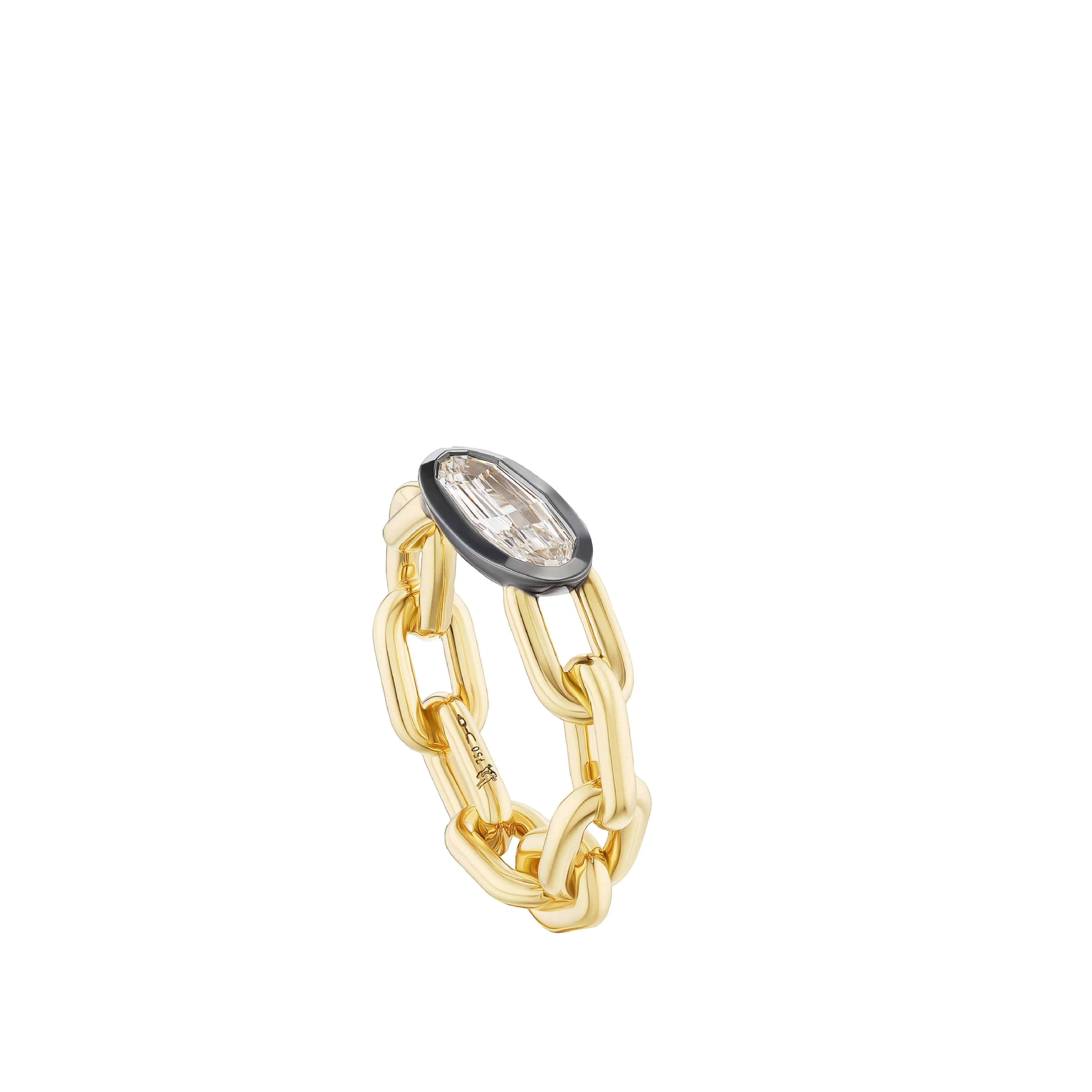 Image 2 of 2 - GOLD - Uniform Object Chain Ring featuring 10 g of 18K yellow gold with black rhodium plating and a 1.09 ct step-cut oval diamond. Size: 7. Handcrafted in New York City. Cheap Luxury Handbag Shop offers a range of pieces from this collection in-store. For personal consultation and detailed information about jewelry, please contact our dedicated stylist team at personalshopping@hirshleifers.com.