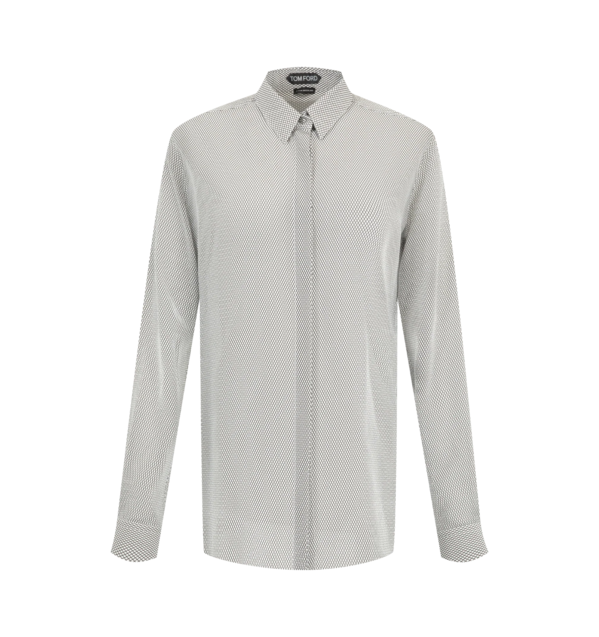 Image 1 of 2 - WHITE - Tom Ford Women's Printed Net Crepe De Chine Shirt is crafted from silk crepe de chine and features an allover printed design. The lightweight construction offers a fluid drape, while the refined fabrication reflects the houses signature approach to tailored luxury. Main Material: 100% Silk. Made in Switzerland.