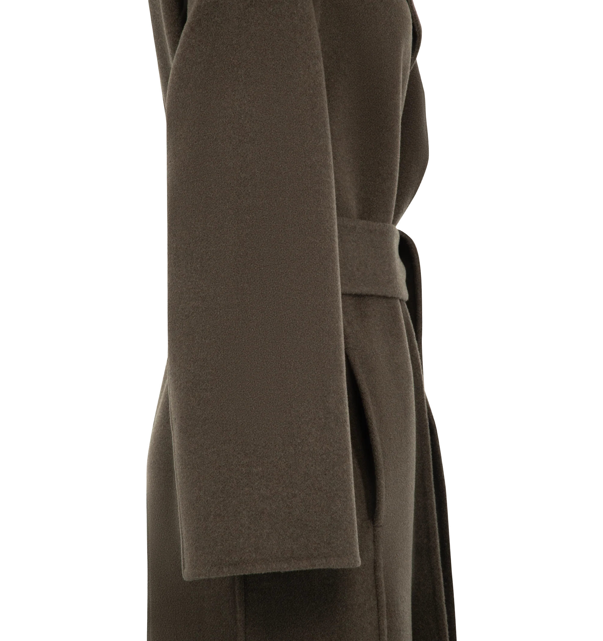 Image 3 of 3 - BROWN - Khaite Women's Wrap Coat is crafted from double-face wool and features an elongated wrap silhouette with a high stand collar, raglan sleeves, and a self-tie sash belt for a refined, architectural look. This designer wool coat combines exceptional craftsmanship with seasonless versatility, while the double-faced construction creates a clean, sculptural finish ideal for elevated everyday layering. Main Material: 100% Double-Face Wool. 