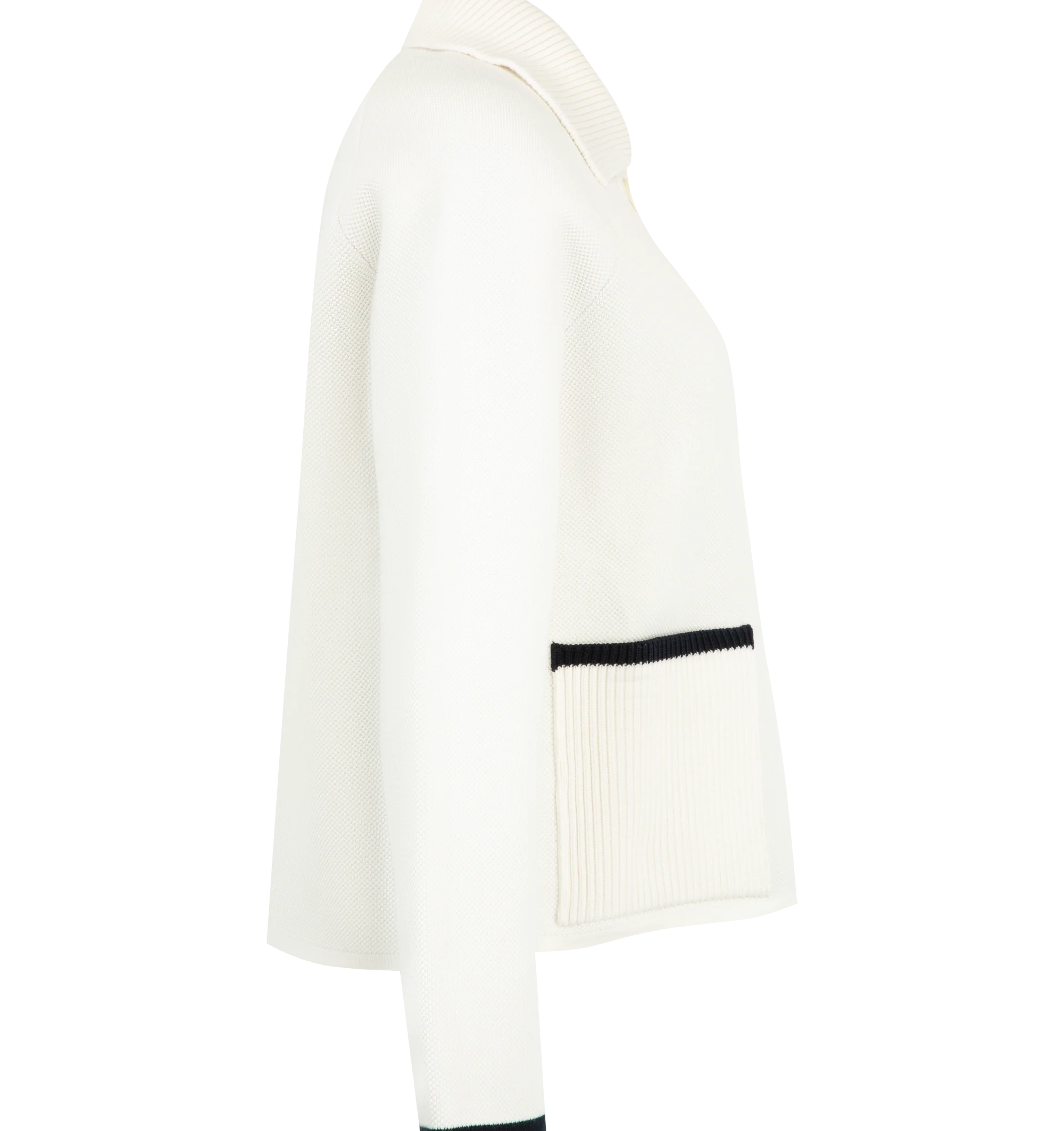 Image 3 of 3 - WHITE - Thom Browne Womens Double-Face Piqu Stitch Polo Collar Jacket is crafted from a virgin wool and cotton blend double-face piqu knit and features a rib-knit polo collar, front button closure, raglan sleeves, rib-knit patch pockets with contrast tipping, rib-knit cuffs and hem, signature 4-bar detailing, internal RWB grosgrain trim, and the signature striped grosgrain loop tab. Main Material: 50% Virgin Wool, 47% Cotton, 3% Polyamide. Made in Italy.