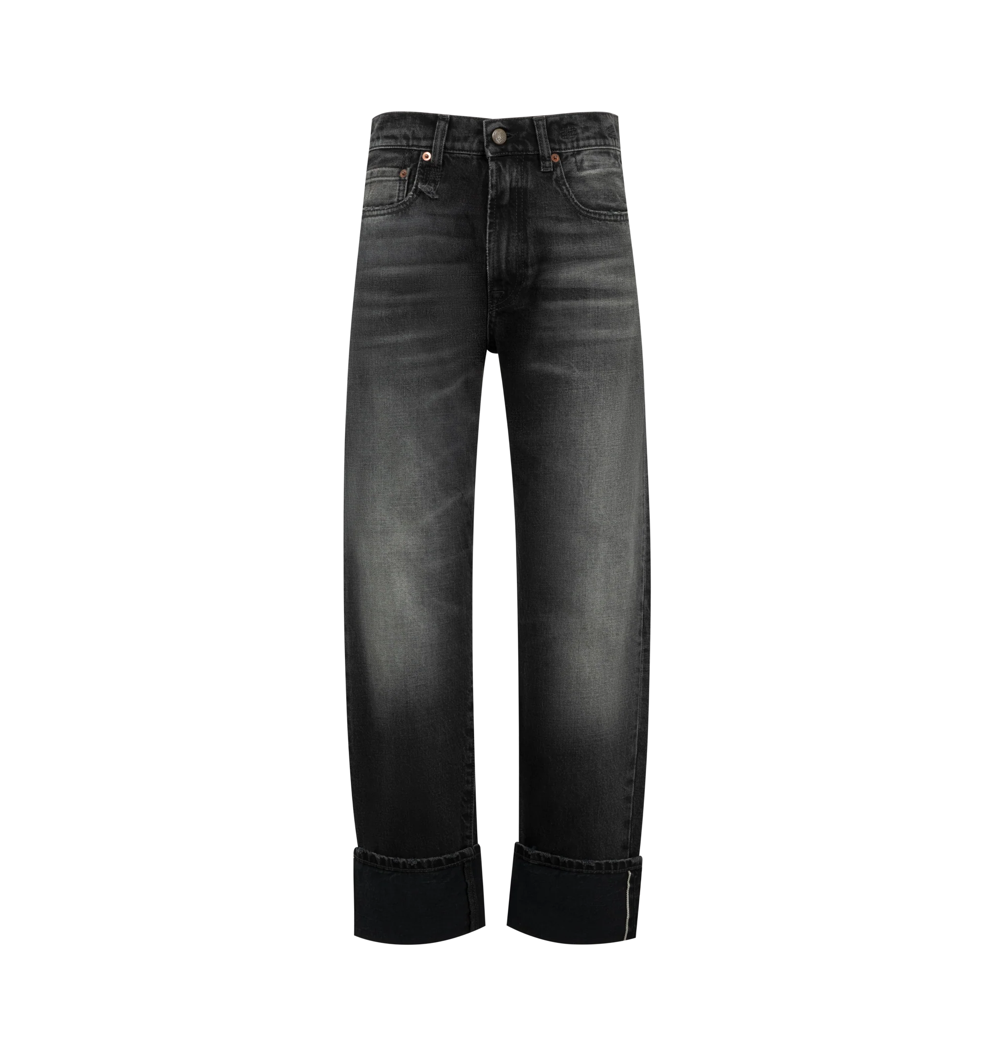 Image 1 of 3 - BLACK - R13 Womens Boyfriend Jeans are crafted from mid-weight Japanese rigid denim. Feature a straight-leg boyfriend fit, black washed finish, distressed abrasions, destroyed hem, and classic five-pocket construction. Main Material: 100% Cotton. Made in Italy.