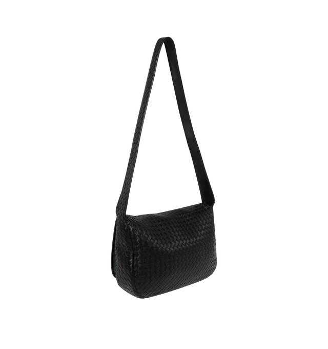 Image 2 of 3 - BLACK - Bottega Veneta Men's Large Messenger bag is crafted with a magnetic flap closure and rounded shape in soft Intrecciato nappa leather. Featuring one main compartment with an interior zipped pocket and one open pocket on the front. Lining: Suede, Hardware: Silver finish. Made in: Italy