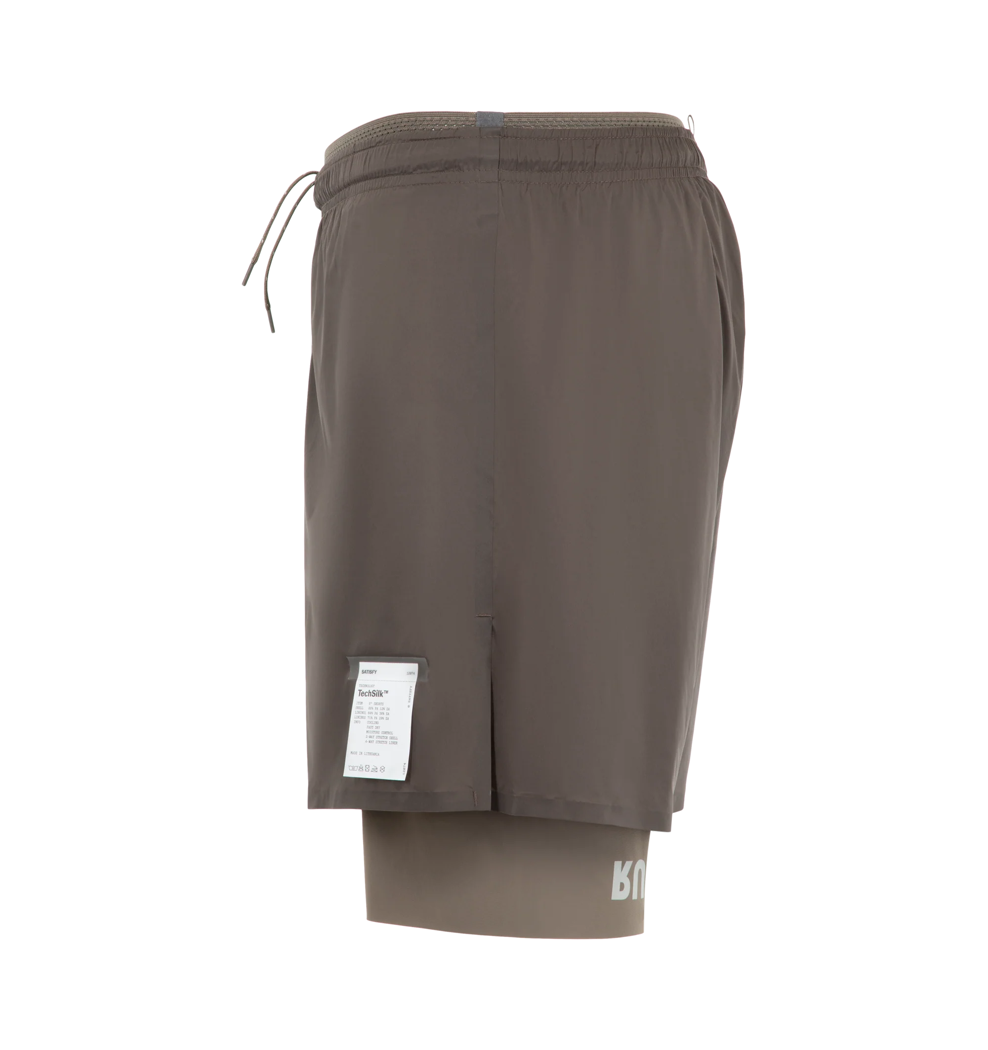 Image 3 of 3 - BROWN - Satisfy Men's TechSilk 8" Shorts are crafted from lightweight French-engineered TechSilk and feature a 5-inch shell paired with an 8-inch Justice TechSilk Evo liner. Designed for long-distance performance, the fast-drying construction is enhanced with Coldblack treatment for cooling, odor control, UV protection, and four-way stretch. Functional details include a sweat-resistant hidden phone pocket, double waistband with internal drawcords, a mini S-Carabiner for keys, and reflective  