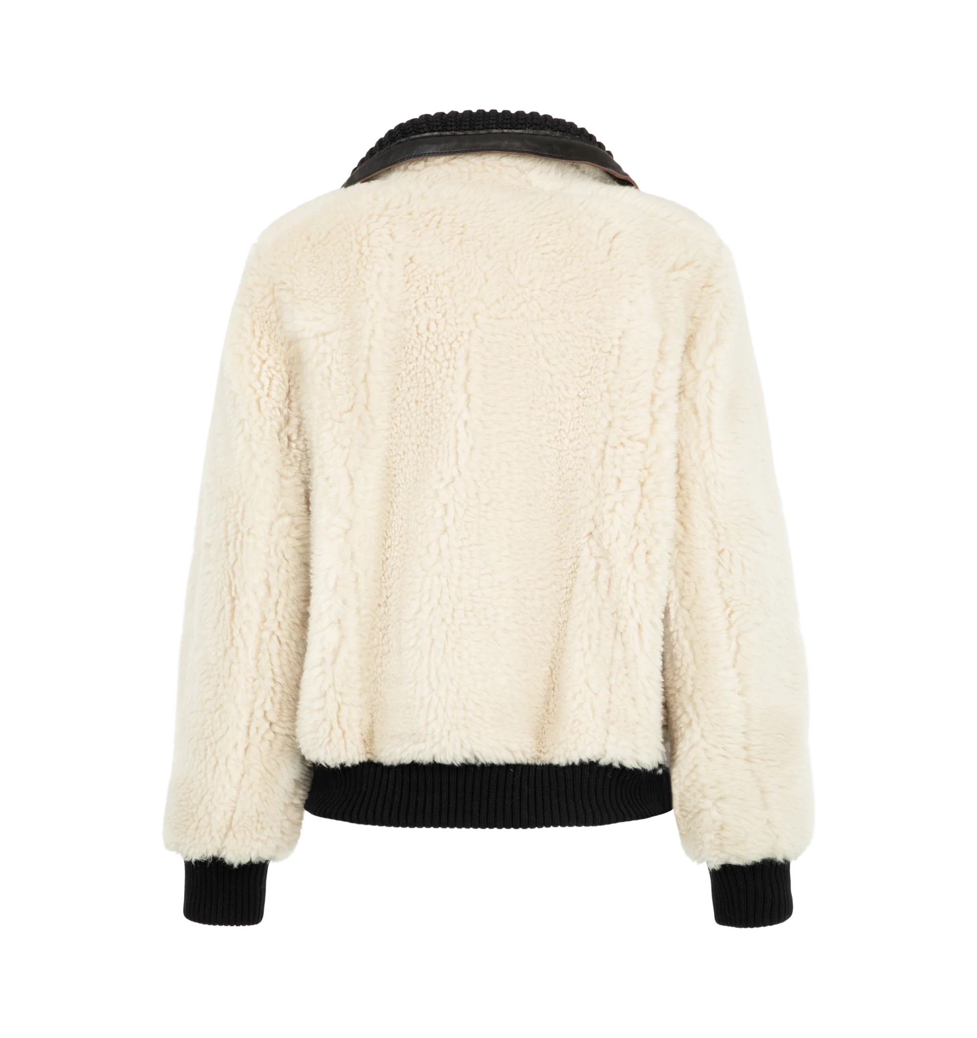 Image 3 of 4 - WHITE - Sacai Women's Wool Faux Shearling Blouson Jacket is crafted in a contrasting black and off-white mixed-fur design with plush sherpa and vegan leather trim. Materials: Wool; Polyester, Cowhide leather, Cupro. 