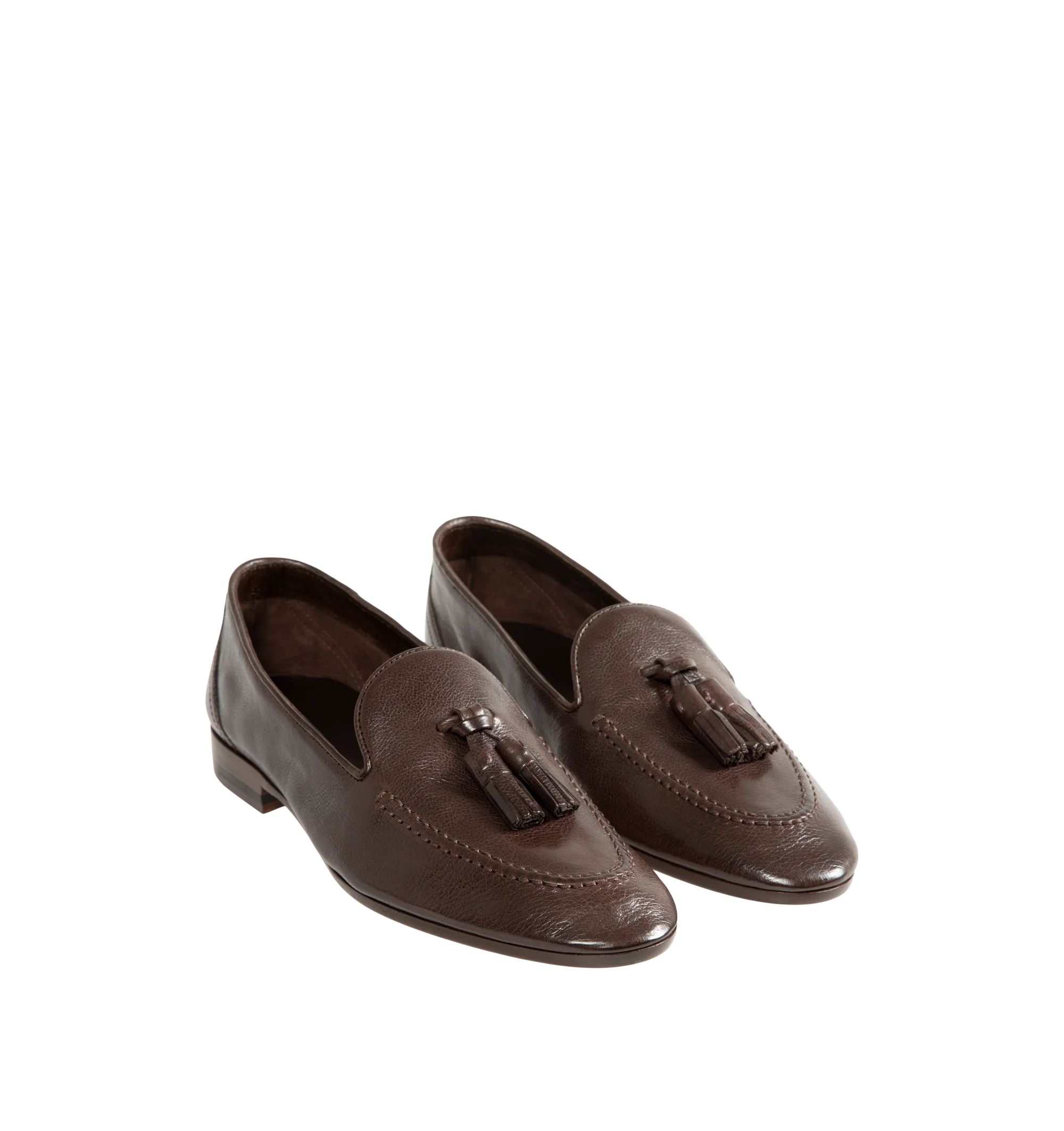 Image 2 of 4 - BROWN - The Row Women's Caden Loafers are crafted from softly grained calfskin leather in deep brown and feature an almond toe, tassel detailing, and a stacked heel. Upper: 100% Calfskin Leather. Sole: Calfskin Leather. Heel Height: 1.5 cm / 0.6 in. Made in Italy.