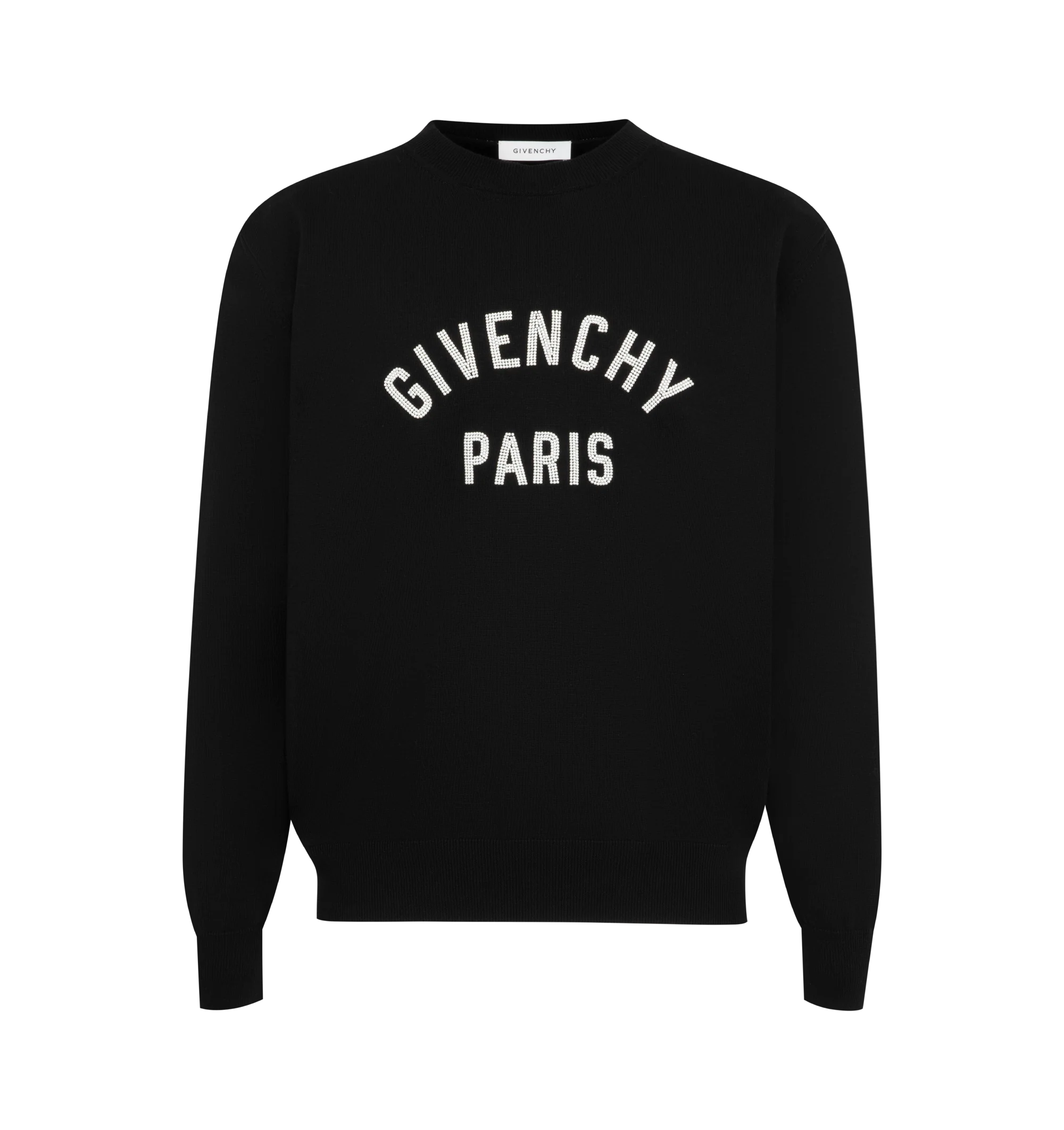 Image 1 of 2 - BLACK - Givenchy Mens Sweater is crafted from cotton knit. Features a crew neckline, Givenchy Paris pearl embroidery at the front, and ribbed collar, cuffs, and hem. Main Material: 100% Cotton. Imported