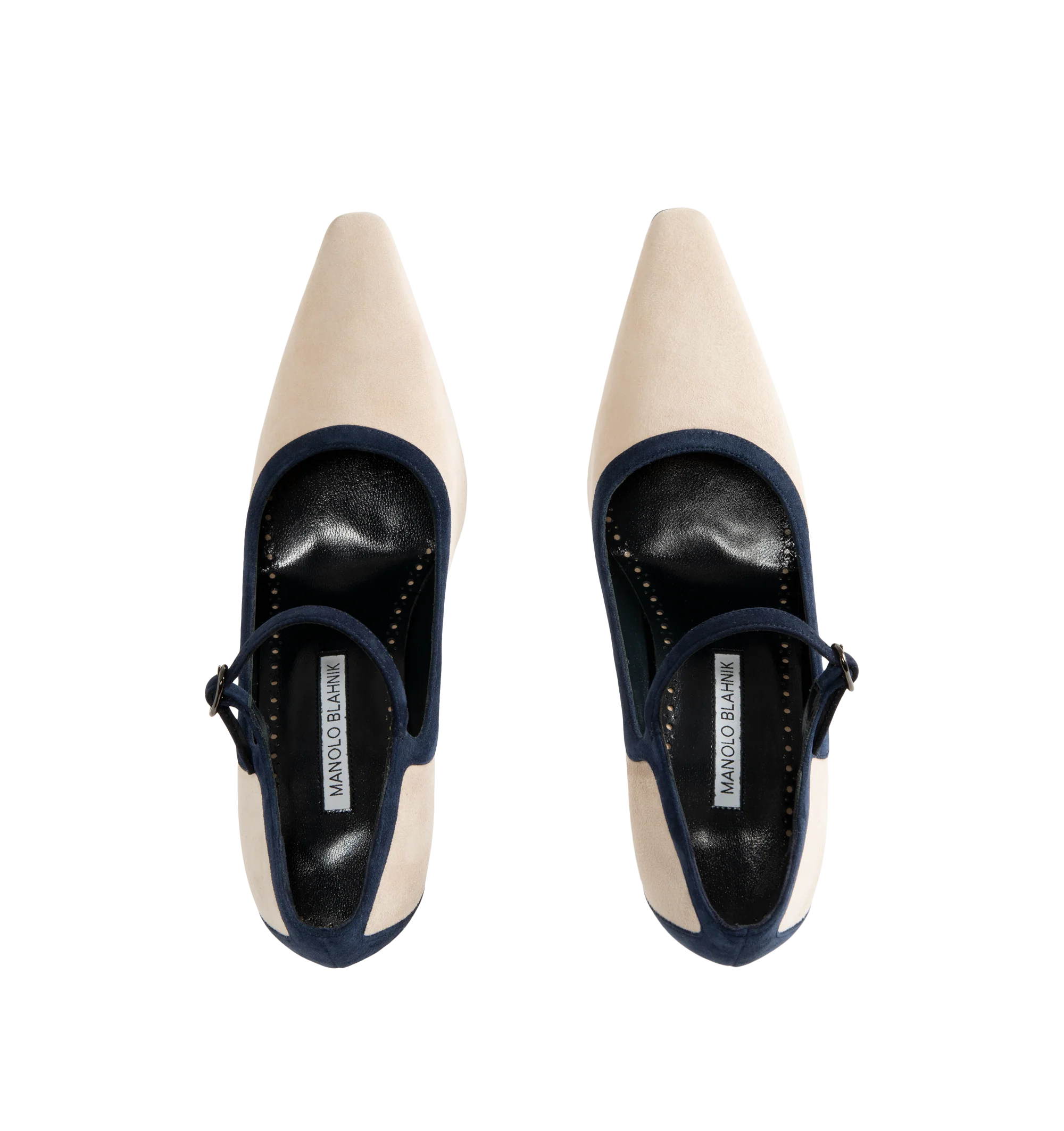 Image 4 of 4 - NEUTRAL - Manolo Blahnik Women's Churla 90 Pumps are crafted from kid suede and feature an almond toe, contrasting navy heel counter, edging, and ankle strap with a buckle closure, finished with a sculptural 90mm angular heel. These designer suede pumps combine exceptional Italian craftsmanship with timeless Mary Jane styling, making them an elegant choice for both day and evening wear. Main Material: 100% Kid Suede. Lining: 100% Kid Leather. Sole: 100% Calf Leather. Heel Height: 90mm. Made i