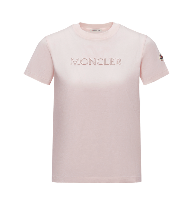 Image 1 of 1 - PINK - MONCLER Embroidered Tonal Logo Cotton T-Shirt featuring cotton jersey, crew neck, short sleeves and embroidered logo. 100% cotton.
