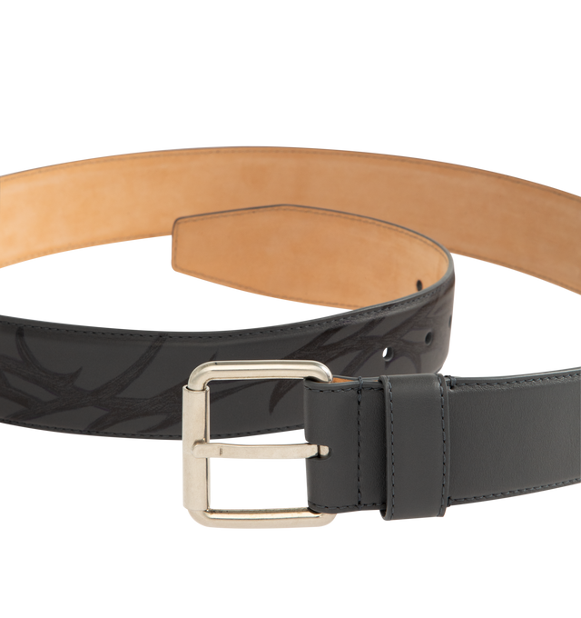 Image 2 of 2 - BLACK - BALENCIAGA Prong Belt in smooth calfskin featuring Balenciaga logo engraved on the inside of the buckle, aged-silver hardware, notches on the belt and tone-on-tone leather loop. Width: 1.2 inch. Calfskin. Made in Italy. 