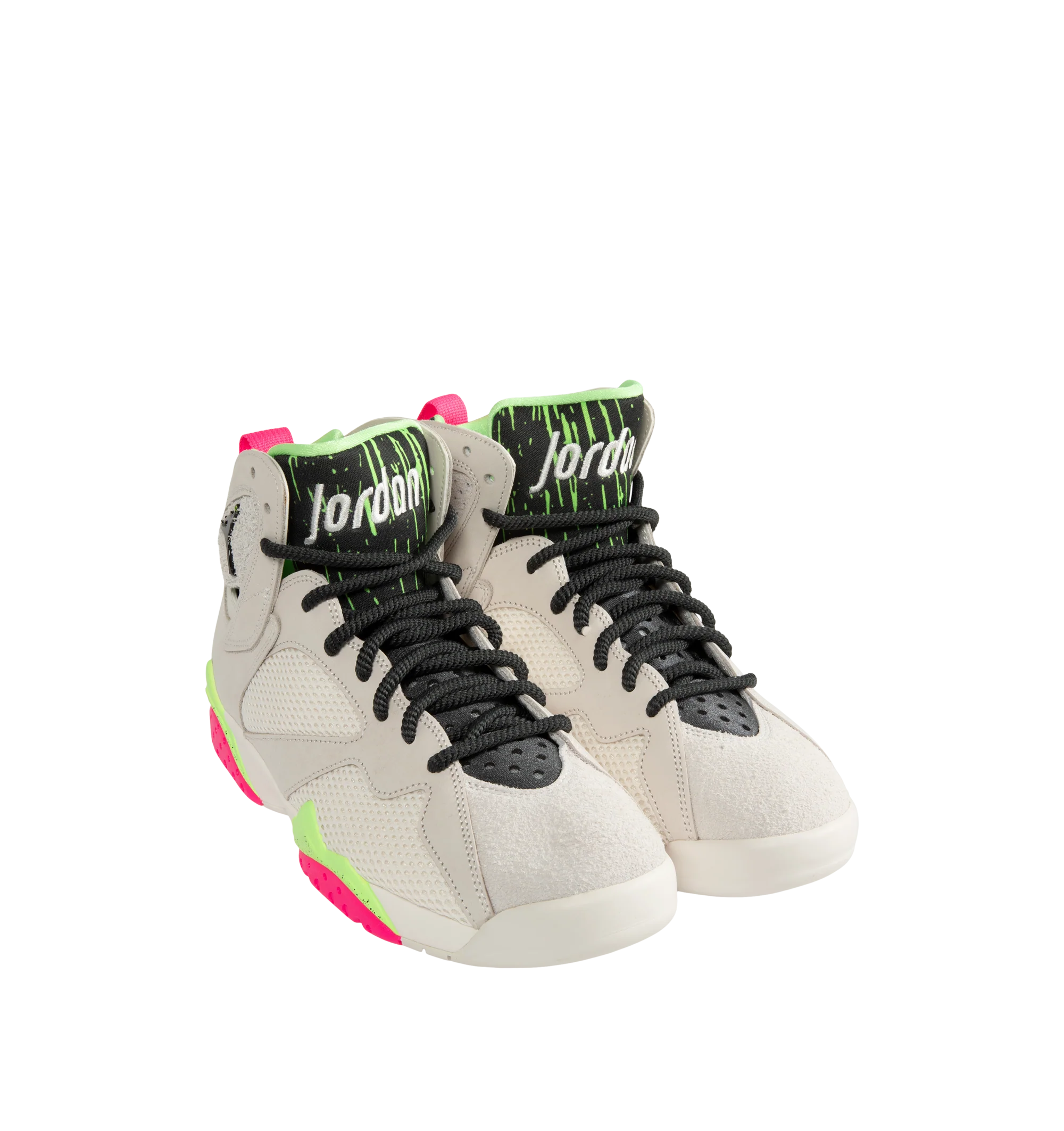 Image 2 of 5 - MULTI - Air Jordan 7 Retro "Tennis Day" Sneakers feature a Phantom upper with Lime Blast, Pink Blast, and Anthracite accents inspired by Nike's Challenge Court era. Leather, synthetic leather, suede, and breathable textiles combine throughout the mid-cut design, while a heel pull tab, foam midsole with full-length Nike Air cushioning, and grippy rubber outsole complete the construction. Upper: Leather, Synthetic Leather, Suede, and Textile. Midsole: Foam. Sole: Rubber. Made in mens sizing. 