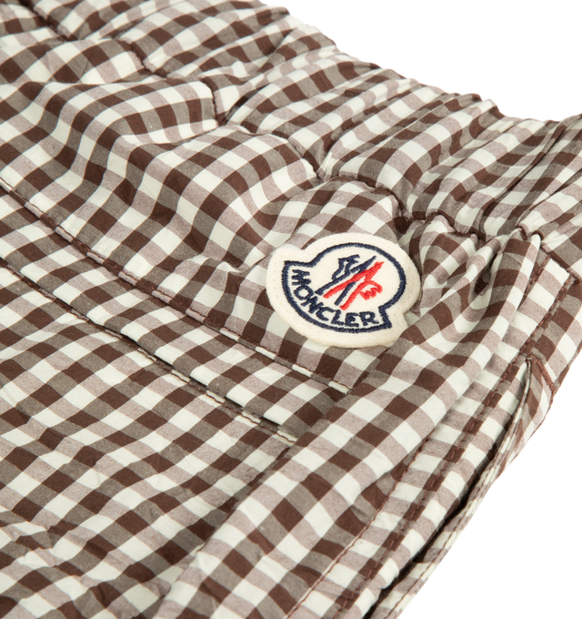 Image 3 of 3 - BROWN - MONCLER Vichy Cotton Blend Shorts featuring crinkled vichy cotton blend, cotton twill lining, adjustable waistband, belt with buckle, zipper closure, welt pocket at the back and logo details. 52% cotton, 48% polyester.