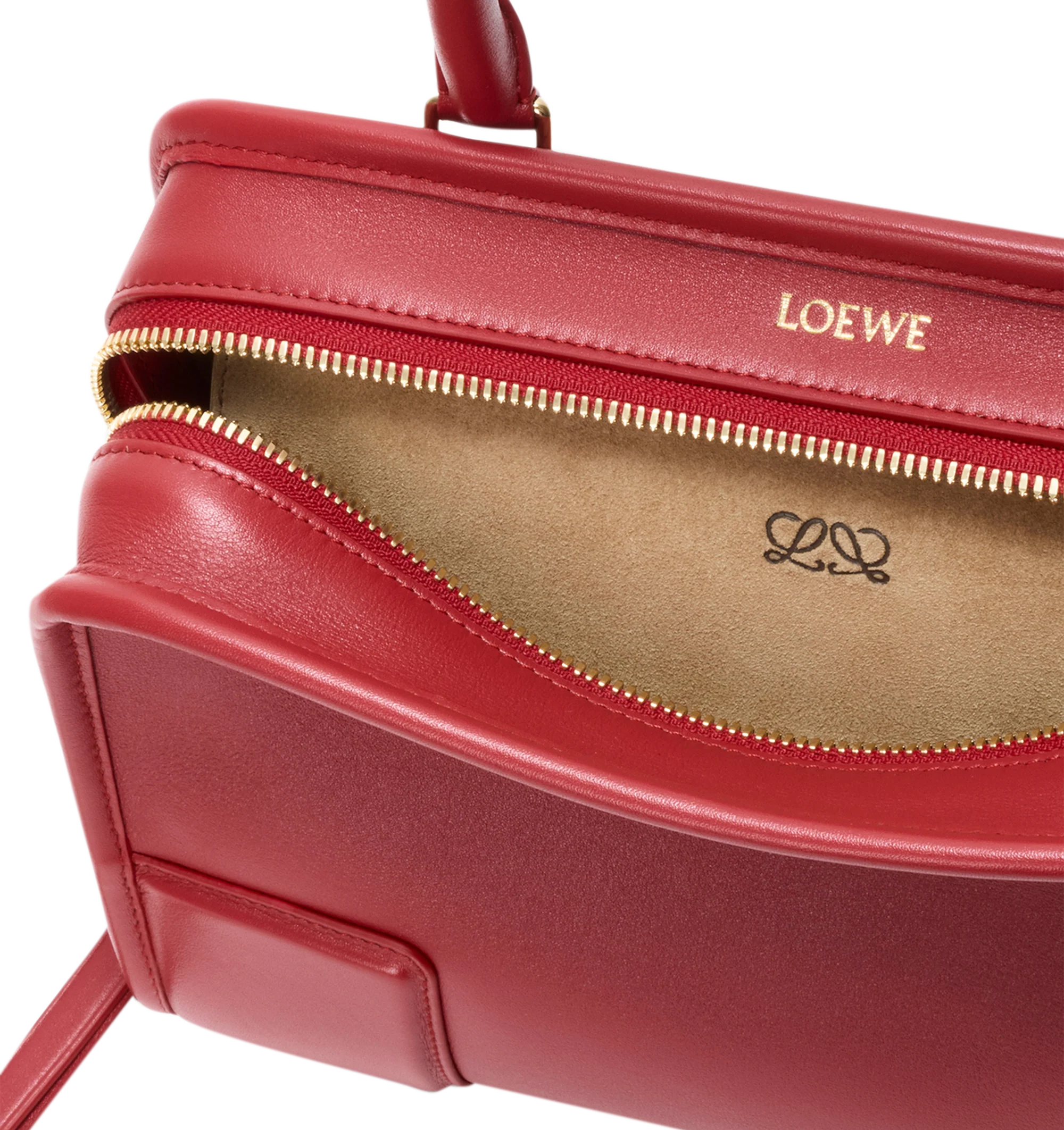 Image 11 of 18 - RED - Loewe Small Amazona 180 Bag in leather features a relaxed silhouette anchored by a single toron top handle, designed to be carried open, while a concealed closure secures the main compartment, three carry options: short handle, removable shoulder strap and crossbody, zip closure with two leather zip pullers, two compartments, main compartment closed with magnetic closure, internal flat pocket, left side d-ring for customization, nappa lambskin lining, and embossed double L branding. L