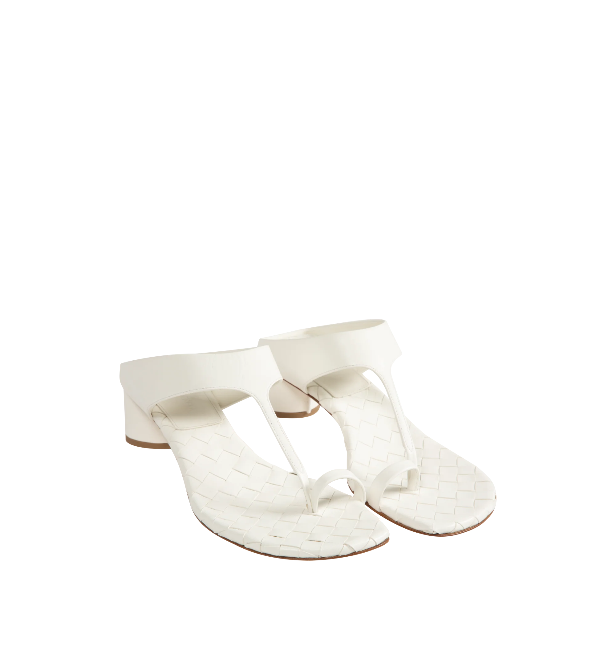 Image 2 of 4 - WHITE - Bottega Veneta Womens Kitten Heel Thong Sandals are crafted from nappa leather. Feature a toe-ring leather strap, Intrecciato leather insole, lambskin lining, kitten heel, and rubber-injected leather outsole. Upper: Nappa Leather; Lining: Lambskin; Outsole: Rubber-Injected Leather. Made in Italy.