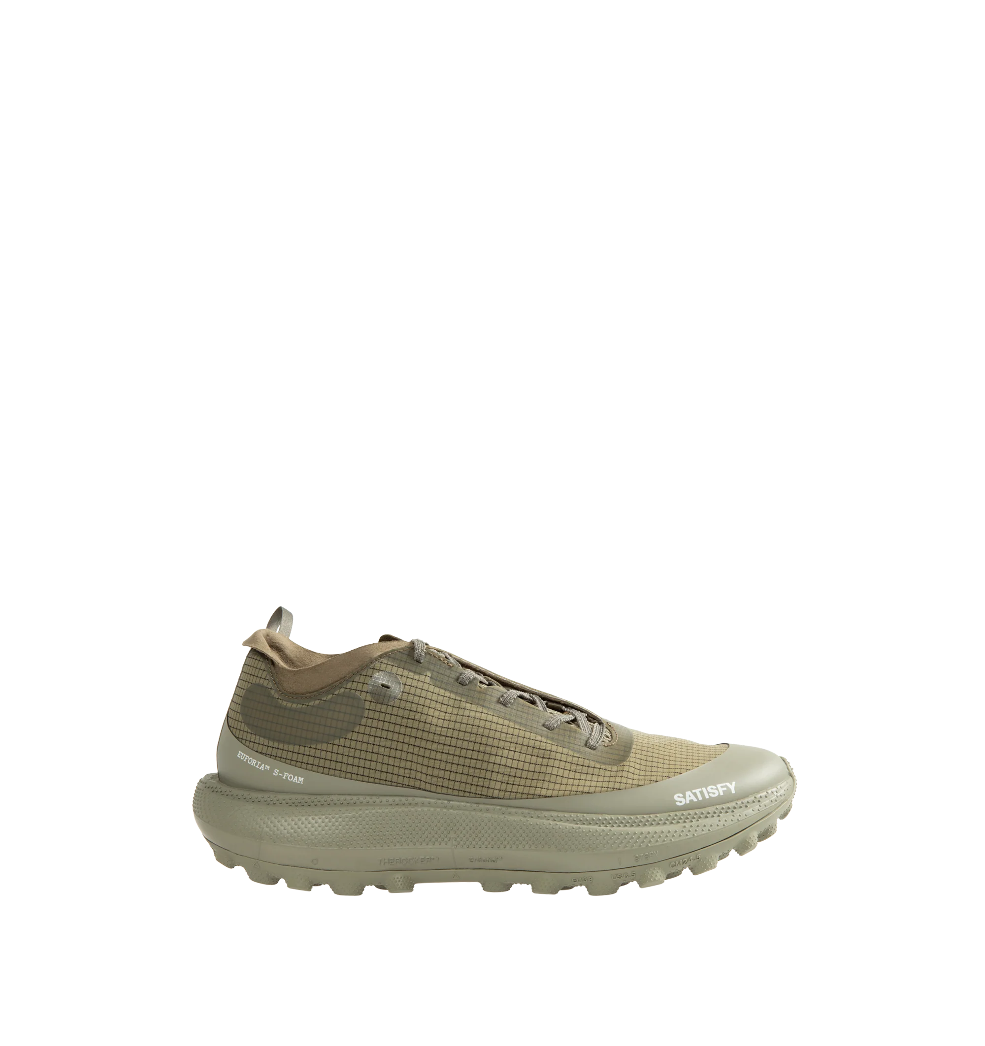 Image 1 of 5 - GREEN - Satisfy TheROCKER Running Shoes are engineered for long-distance comfort and traction. The silhouette delivers responsive cushioning, confident grip, and stability across mixed terrain. Designed with textured laces for reduced slip, and two interchangeable insoles, including 3mm and 5mm options, the shoe allows for a customized fit and feel. Main Material: Upper: Rippy 66 Monomesh: 100% PES. Midsole: Euforia Super Foam: 100% PEBA/EVA Blend. Outsole: TuneLug with Vibram MegaGrip Liteba