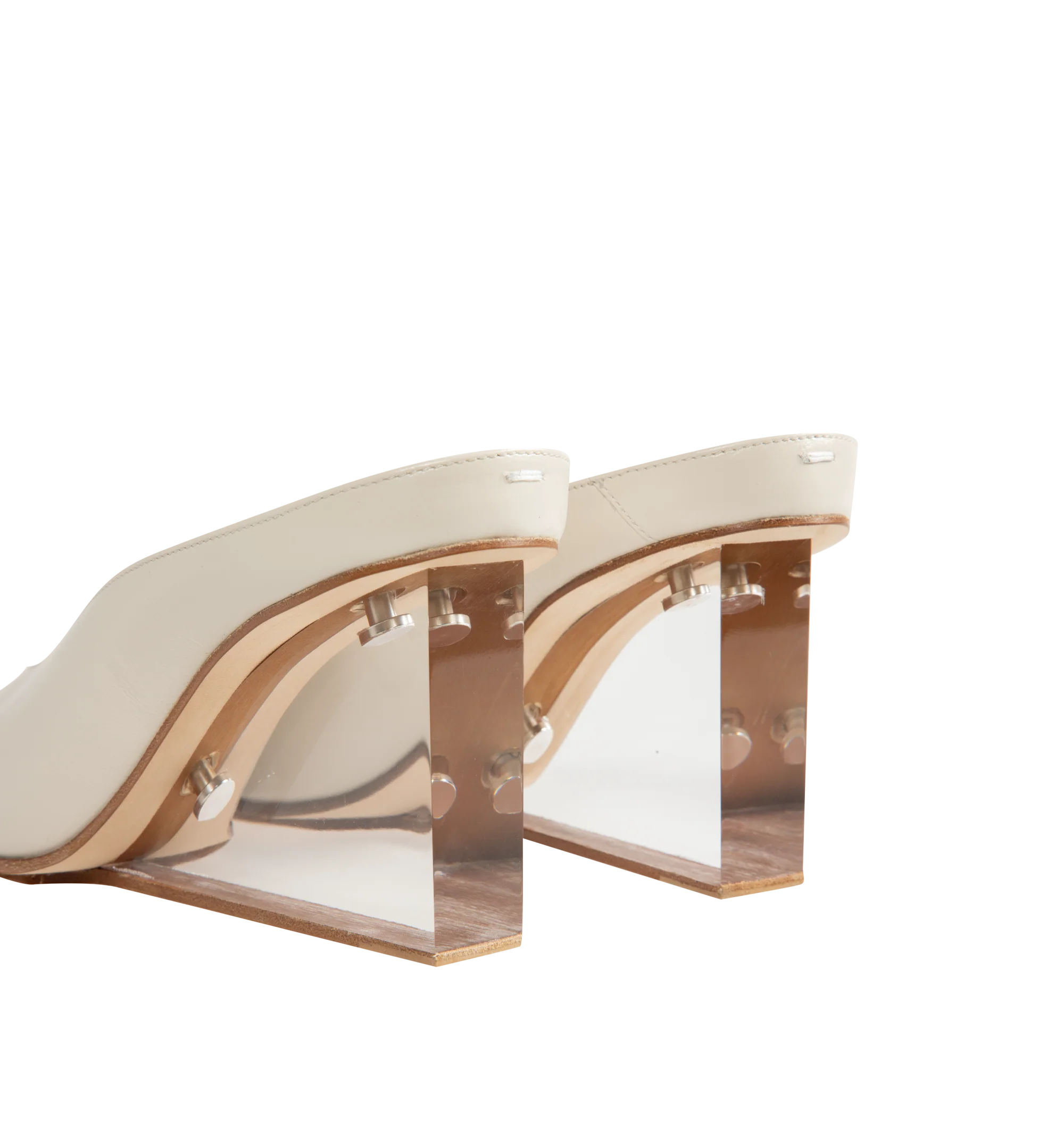 Image 3 of 4 - WHITE - Maison Margiela Women's Plexi Pump Mules are crafted from white calf leather with a soft, polished finish. The slip-on silhouette features a rounded toe, open back, sculpted transparent wedge heel, and the Maison's signature single white stitch at the back. Upper: 100% Calf Leather. Lining: 100% Ovine Leather. Contrast: 100% Calf Leather. Sole: 100% Calf Leather. Made in Italy. 