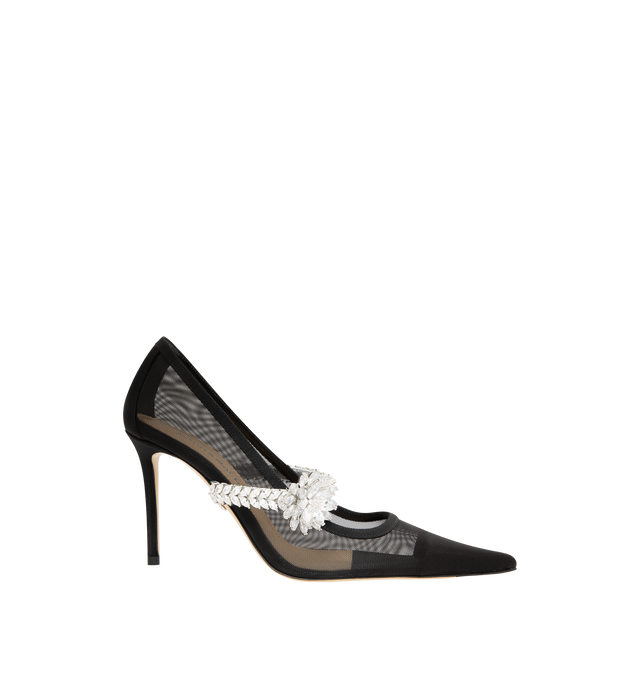 Image 1 of 4 - BLACK - MACH MACH Lotus Flower Jewelled Mesh Pumps featuring sheer Italian mesh with a crystal strap, pointed toe and 95 mm heel. Upper: 100% Polyamide with crystal embellishment. Lining: 100% Kid Leather. Sole: 100% Calf Leather. Made in Italy.