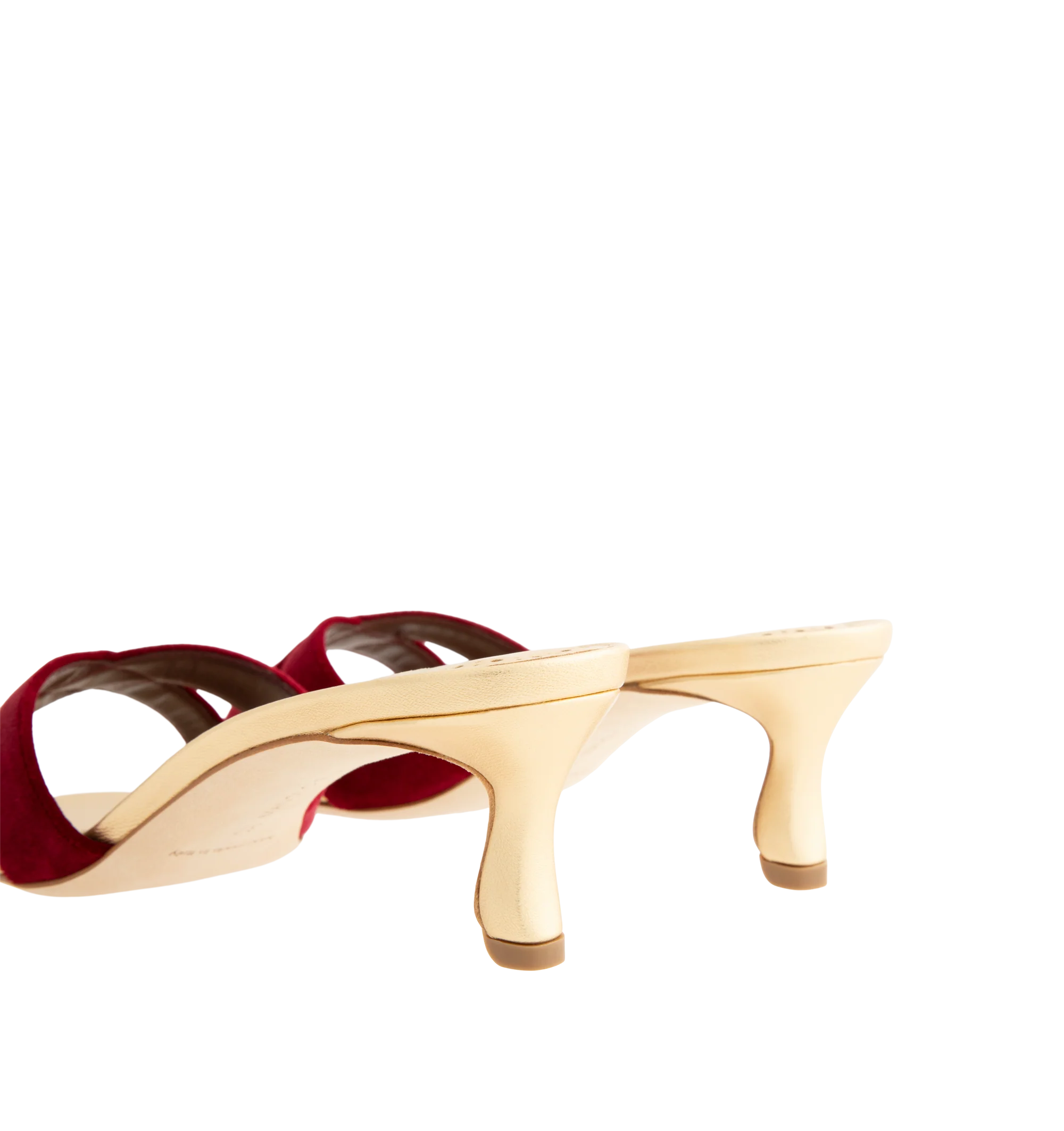 Image 3 of 4 - RED - Manolo Blahnik Women's Callydramu kitten heeled sandals are crafted from dark red velvet and gold nappa leather and feature an open-toe silhouette with crossover front straps and a sculptural 50mm angular heel. These designer heeled sandals combine luxurious Italian craftsmanship with elegant color contrast, making them a sophisticated choice for special occasions and evening wear. Main Material: 95% Velvet, 5% Lamb Nappa Leather. Lining: 100% Kid Leather. Sole: 100% Calf Leather. Heel