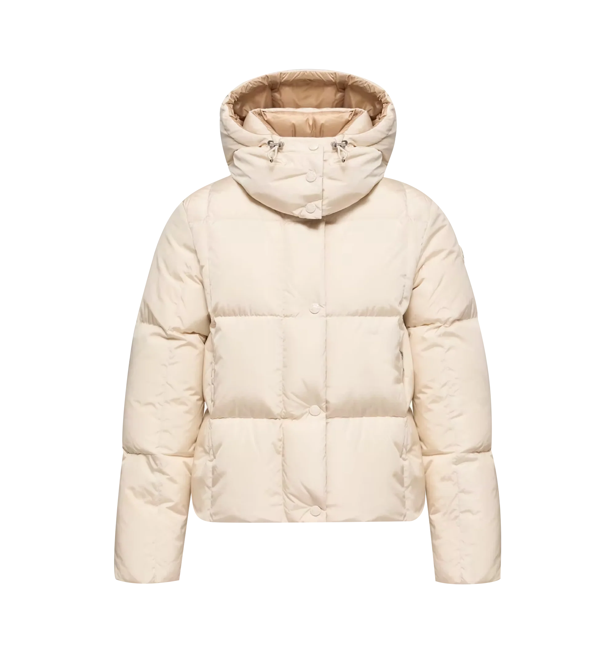 Image 1 of 1 - NEUTRAL - Moncler Women's Castlenew Hooded Down Jacket is crafted from recycled technical nylon with a water-repellent finish and features a quilted puffer design. Designed in a regular-fit silhouette, this down-filled jacket is finished with a high collar, detachable and adjustable hood, concealed front closure with logo snap buttons, side zip pockets, elasticized cuffs, and the signature felt logo patch at the sleeve. A contrasting interior and refined construction balance technical perform