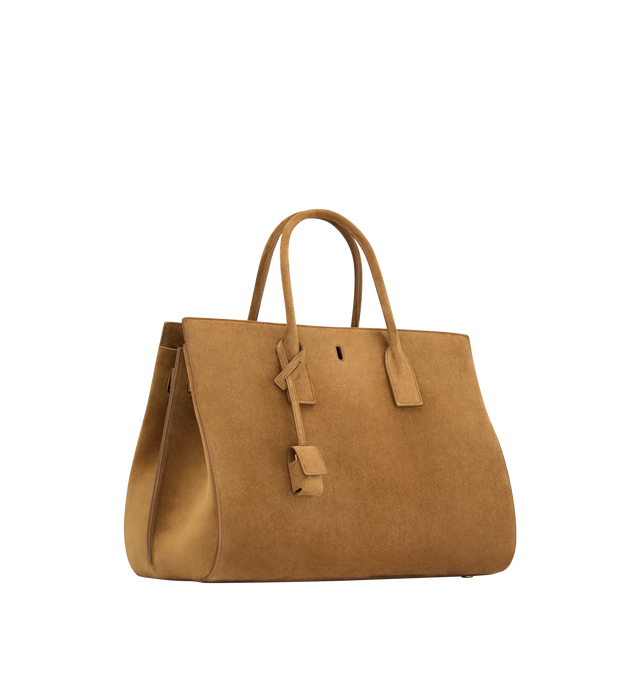 Image 4 of 5 - BROWN - SAINT LAURENT Sac De Jour Large Bag in suede featuring cassandre padlock, an east/west format, lined in leather, top handles, bronze-tone hardware, toggle hook closure, accordion sides, two compartments separated by a removable zip pouch and interchangeable suede strap and canvas strap. 14" x 10.8" x 2.88.3". Calfskin. Made in Italy. 