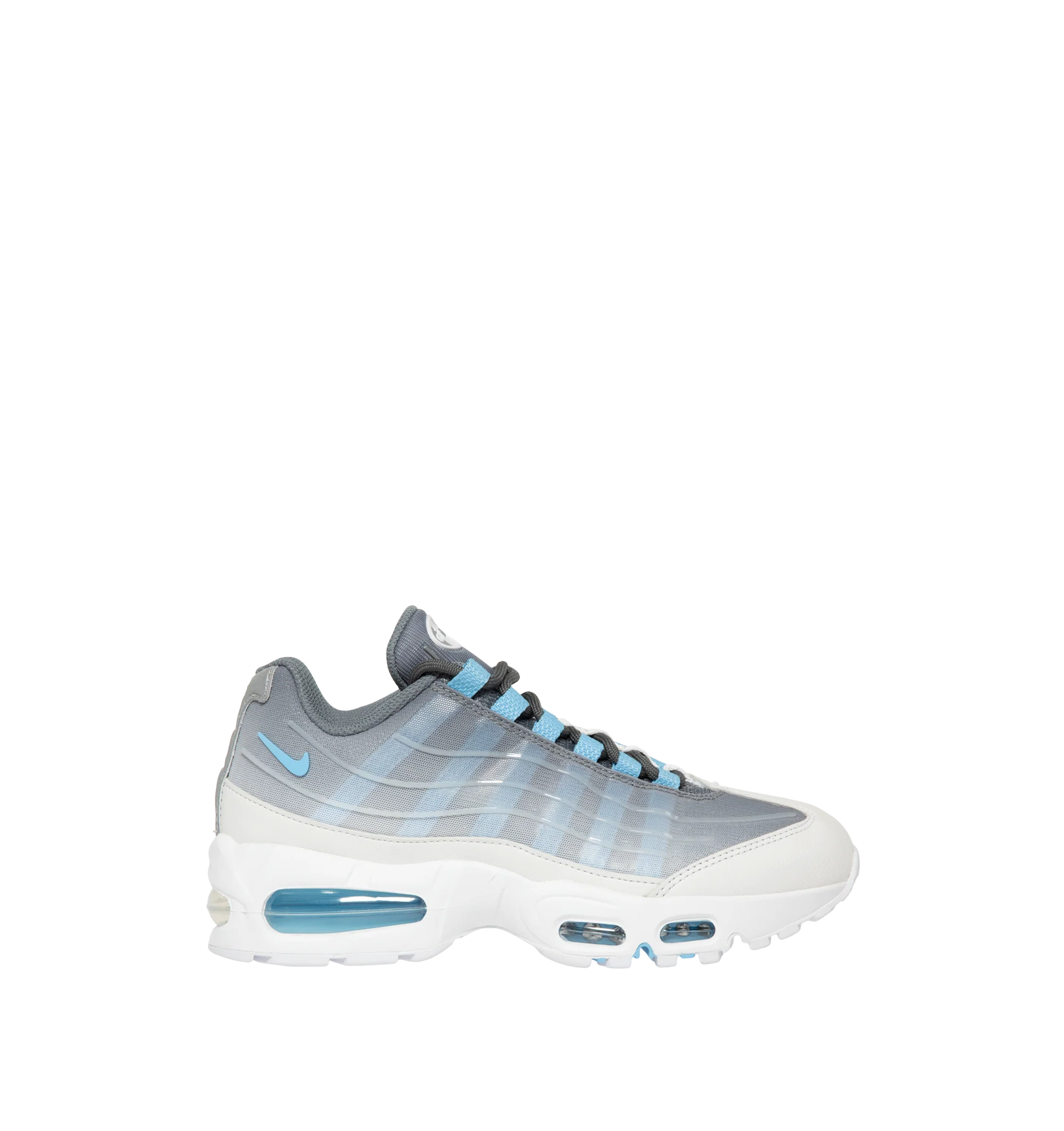 Image 1 of 5 - BLUE - Nike Men's Air Max 95 Big Bubble Sneaker featuring textile and synthetic leather, visible Max Air cushioning, flex grooves in the midsole and outsole, foam midsole and rubber outsole.