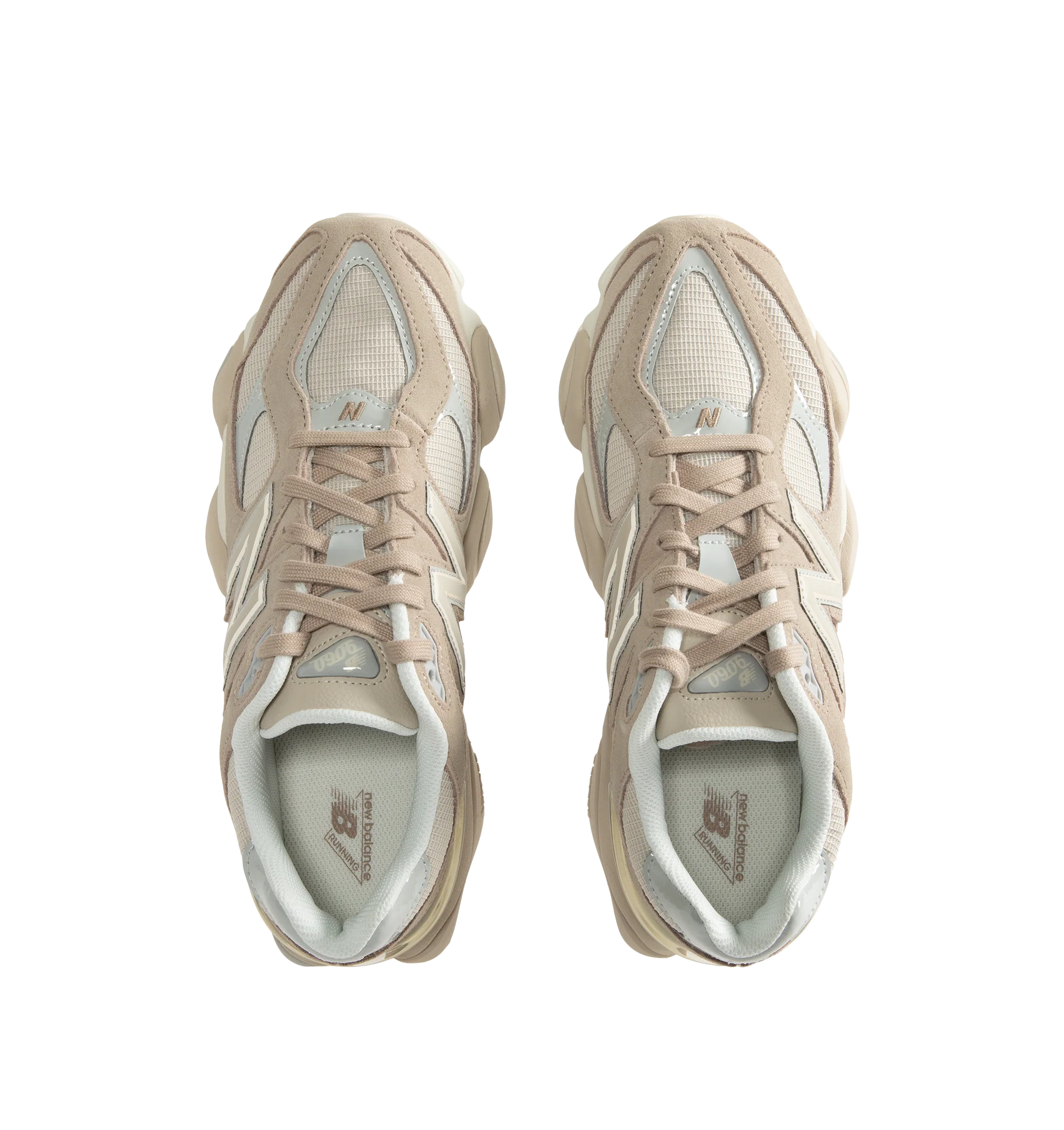 Image 5 of 5 - NEUTRAL - New Balance Unisex 9060 Sneakers feature a mesh upper with pigskin suede overlays and expanded sway bars inspired by the 990. The sculpted dual-density midsole combines ABZORB and SBS cushioning, while a translucent CR device at the heel and a diamond-patterned outsole inspired by the classic 860 complete the design. Upper: Mesh and Pigskin Suede. *Unisex style in men's sizing.