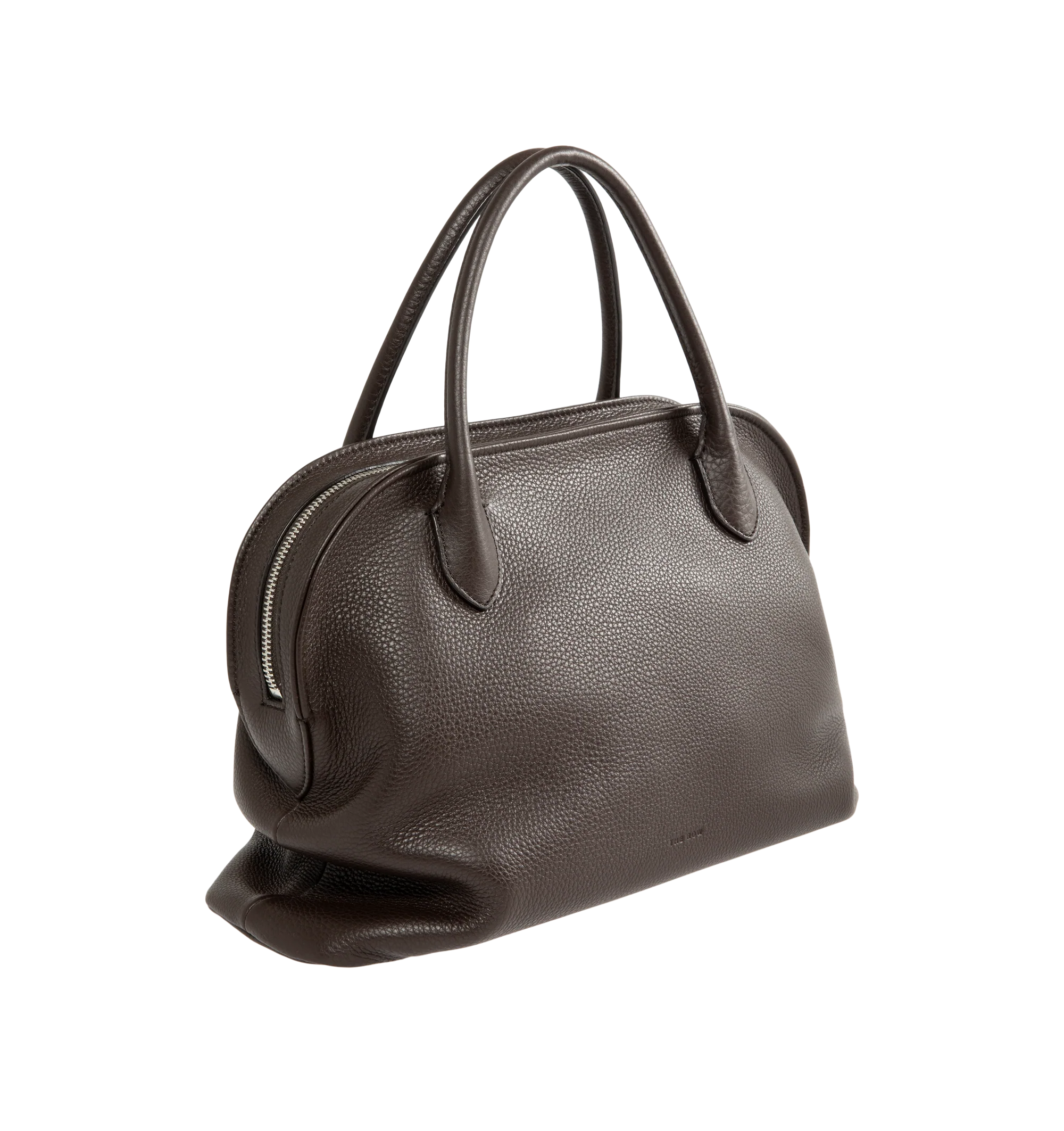 Image 2 of 4 - BROWN - The Row Agnes 12 Bag is crafted from finely grained calfskin leather and features a softly structured top-handle silhouette with tubular handles, gusseted side folds, a curved top zip closure, and a flat base. This designer leather handbag combines exceptional Italian craftsmanship with timeless minimalist design, offering a refined everyday carry with a spacious, elegant interior. Main Material: 100% Calfskin Leather. Lining: 100% Lambskin Leather. Dimensions: 12.99 x 5.91 x 8.27 in.