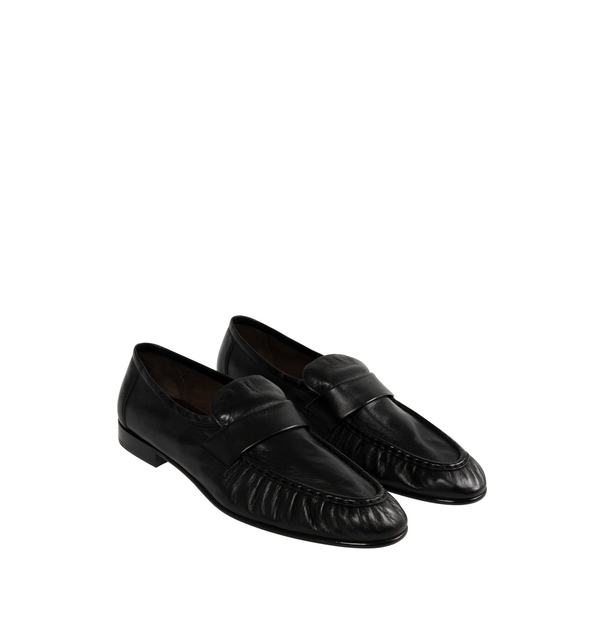 Image 2 of 4 - BLACK - THE ROW Soft Loafers featuring polished eel leather loafers, topstitching and gathering at moc toe, strap at vamp, logo stamp at footbed, suede lining, stacked leather block heel and hand-painted leather sole with rubber injections. Heel: H1". Leather. Made in Italy.