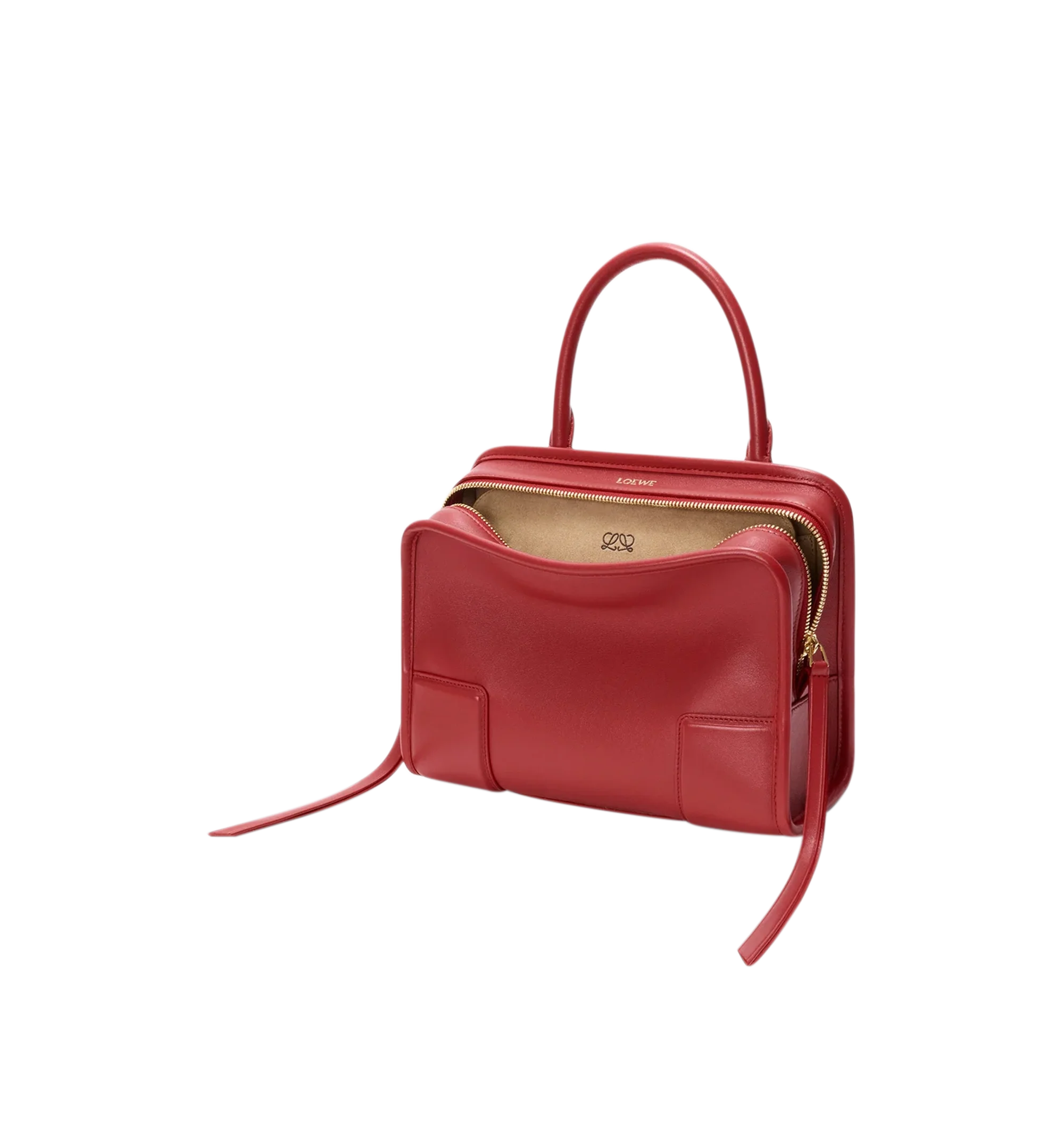 Image 6 of 18 - RED - Loewe Small Amazona 180 Bag in leather features a relaxed silhouette anchored by a single toron top handle, designed to be carried open, while a concealed closure secures the main compartment, three carry options: short handle, removable shoulder strap and crossbody, zip closure with two leather zip pullers, two compartments, main compartment closed with magnetic closure, internal flat pocket, left side d-ring for customization, nappa lambskin lining, and embossed double L branding. Le 