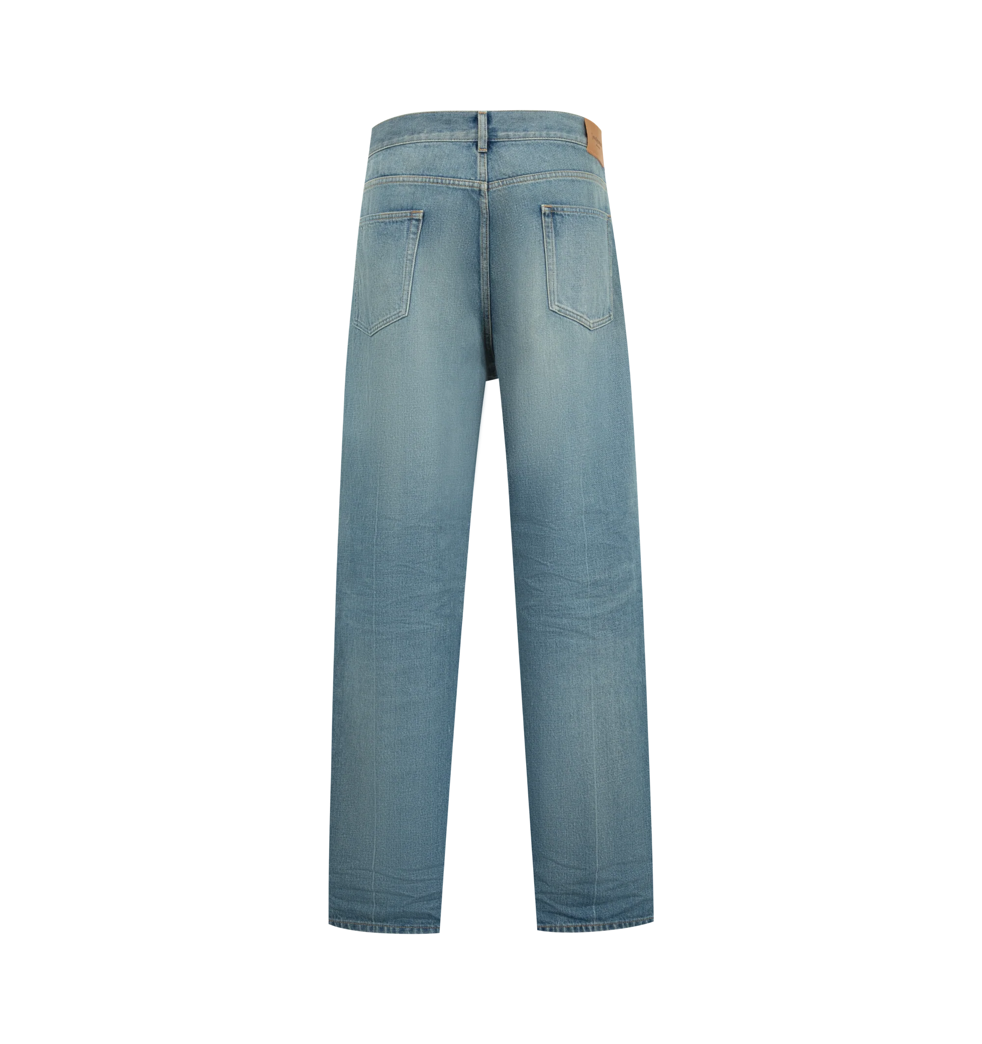 Image 2 of 3 - BLUE - Saint Laurent Men's Relaxed Tapered Jeans are crafted from certified cotton and feature a mid-rise waist, relaxed tapered leg, center crease, button fly, five-pocket styling, belt loops, and a Saint Laurent Paris embossed leather jacron. This designer denim combines modern tailoring with signature Saint Laurent detailing for elevated everyday wear. Main Material: Cotton. Made in Japan. 