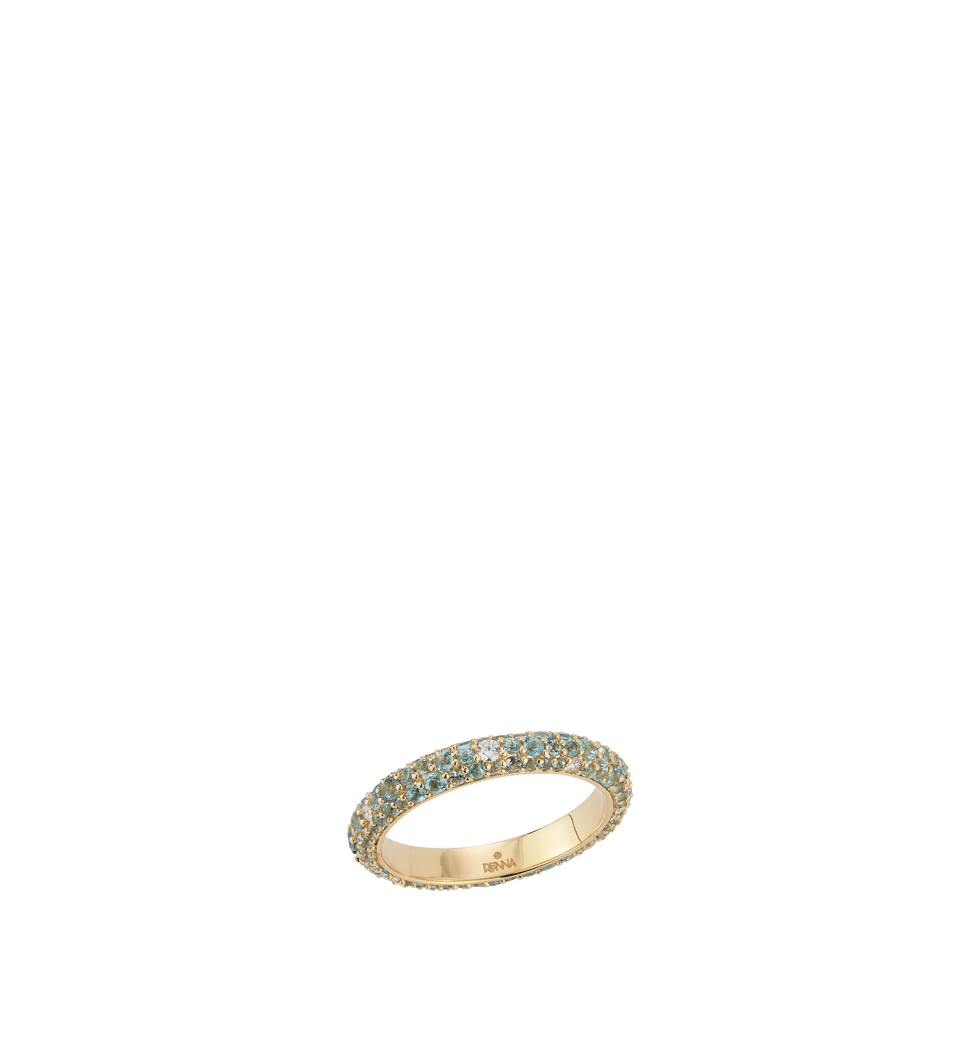 Image 2 of 2 - GOLD - Renna Women's Thin Tidepool Ring is crafted in 18K yellow gold and features varying sizes of aquamarine, Swiss blue topaz, and brilliant diamonds arranged in a refined cobblestone-inspired design that captures the clear, glimmering tones of sunlit ocean water. This designer fine jewelry ring combines exceptional craftsmanship with vibrant color and timeless elegance in a delicate 3mm silhouette, making it perfect for stacking or wearing alone. Main Material: 18K Yellow Gold. Gemstones: