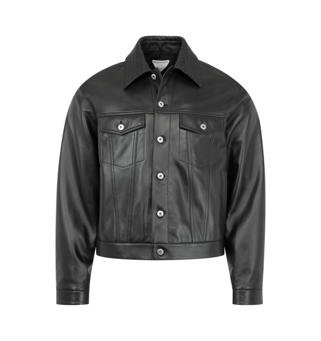Image 1 of 3 - BLACK - BOTTEGA VENETA Leather Jacket featuring soft lambskin leather jacket, intrecciato leather collar, intrecciato leather detail inside the cuffs, fully lined and regular fit. Lambskin. Made in Italy.