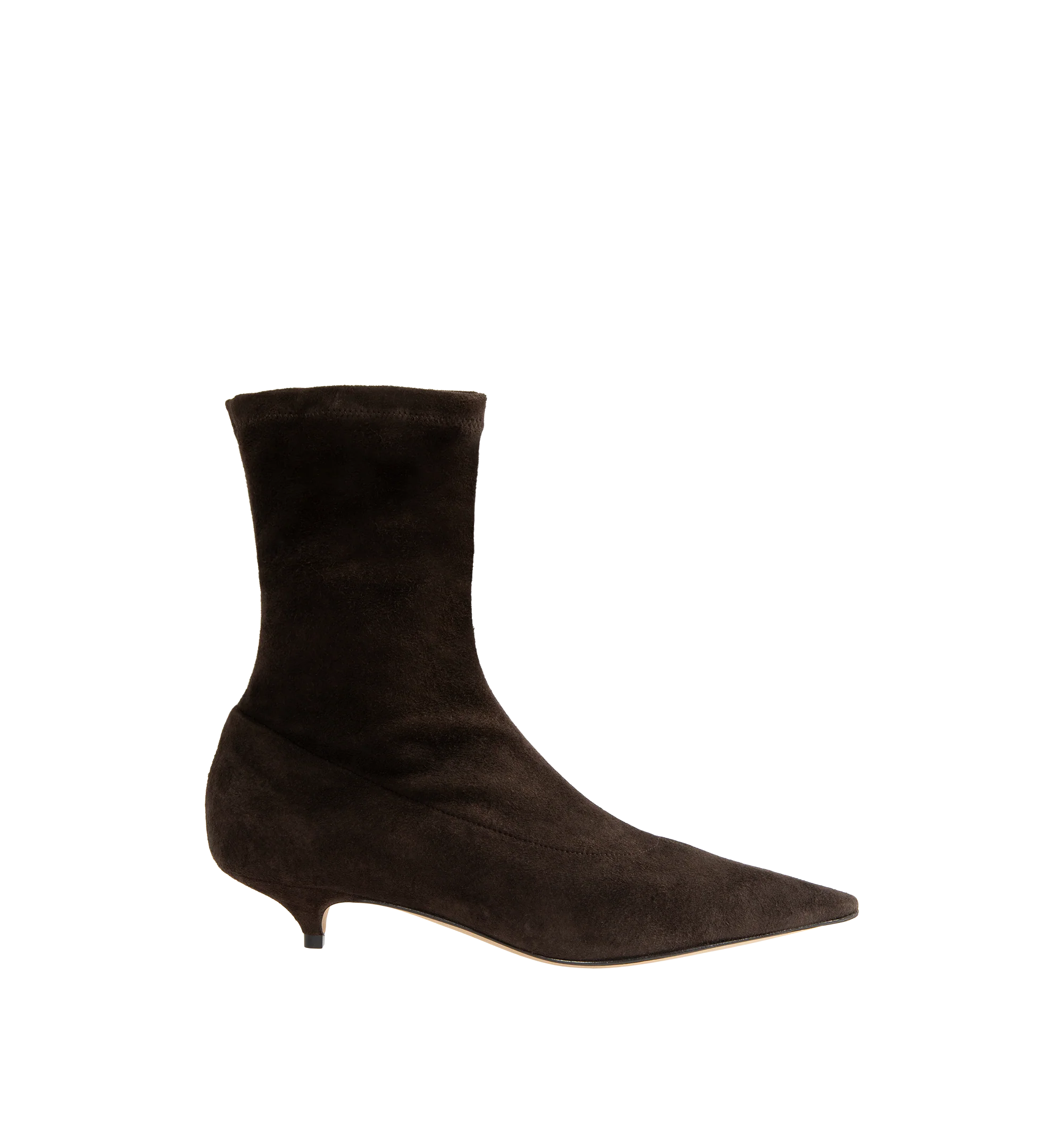 Image 1 of 4 - BROWN - The Row Women's Liisa Kitten Booties are crafted from soft lambskin suede and feature a pointed toe, side zip closure, and a refined kitten heel for an elegant, minimalist silhouette. These designer suede ankle boots combine exceptional Italian craftsmanship with timeless sophistication, making them a versatile choice for effortless day-to-evening styling. Main Material: 100% Lambskin Suede. Sole: Leather. Heel Height: 1.38 in. Made in Italy.