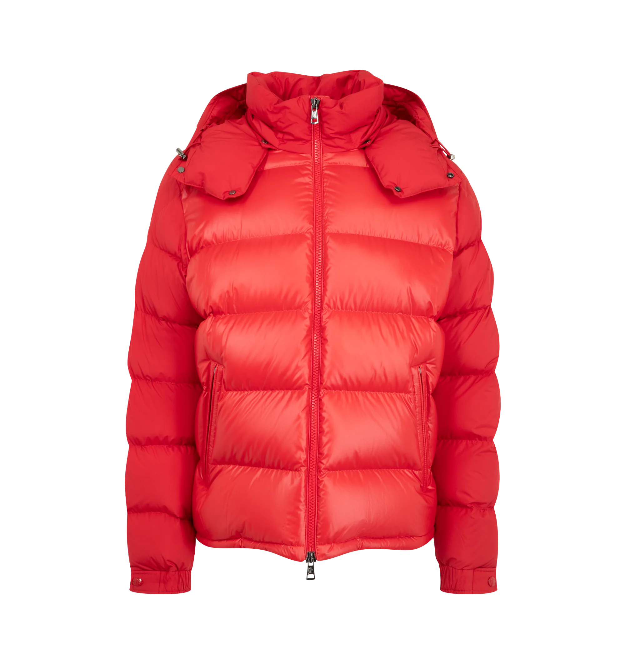 Image 1 of 1 - RED - Moncler Men's Maya Hooded Short Down Jacket featuring nylon laqu lining, down-filled, detachable and adjustable hood with drawstring, collar with snap button closure, zipper closure, zipped pockets, hem with drawstring fastening, flap patch pocket on sleeve, adjustable cuffs and logo patch. 100% polyamide/nylon. Padding: 90% down, 10% feather.