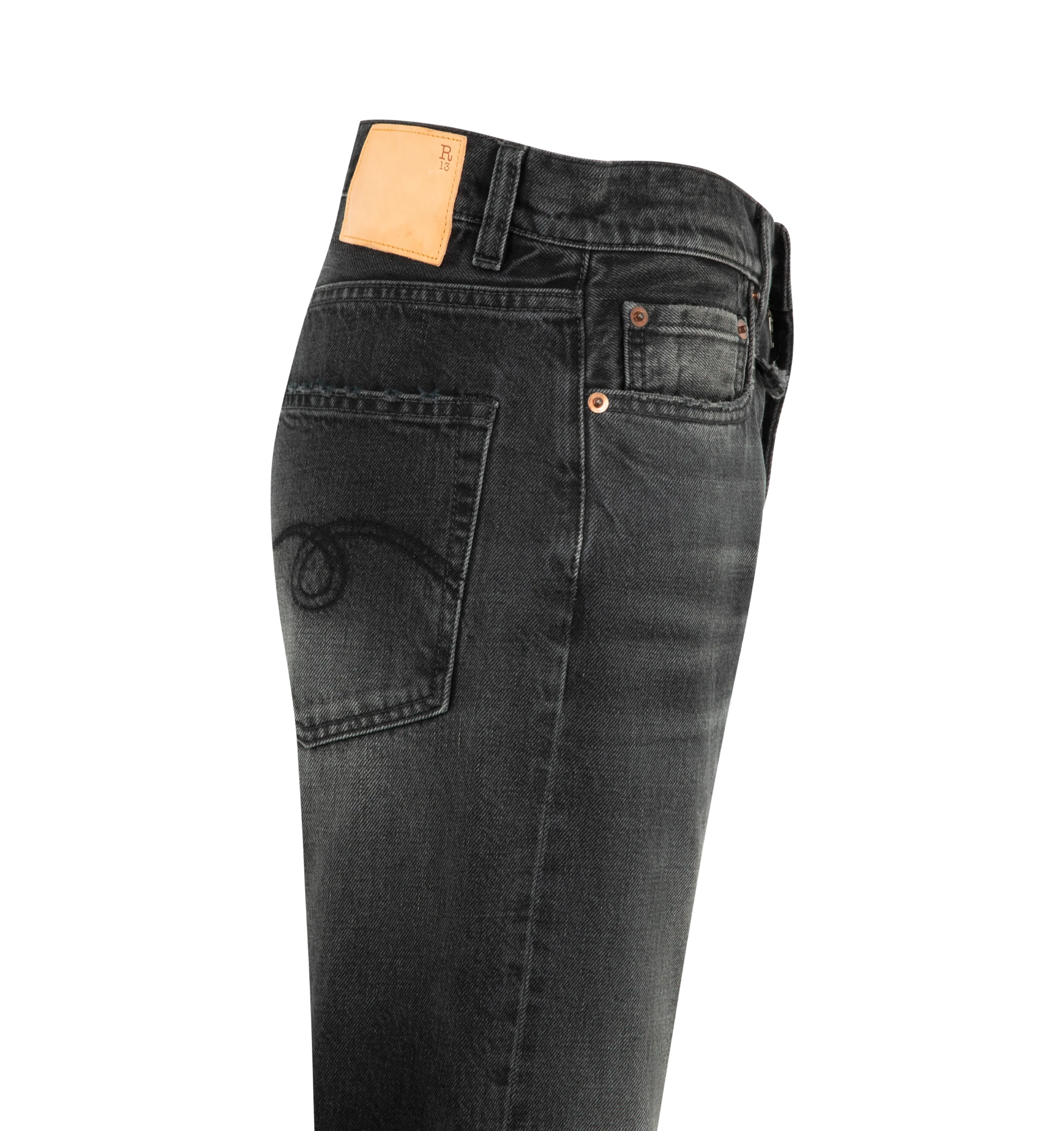 Image 3 of 3 - BLACK - R13 Womens Boyfriend Jeans are crafted from mid-weight Japanese rigid denim. Feature a straight-leg boyfriend fit, black washed finish, distressed abrasions, destroyed hem, and classic five-pocket construction. Main Material: 100% Cotton. Made in Italy.
