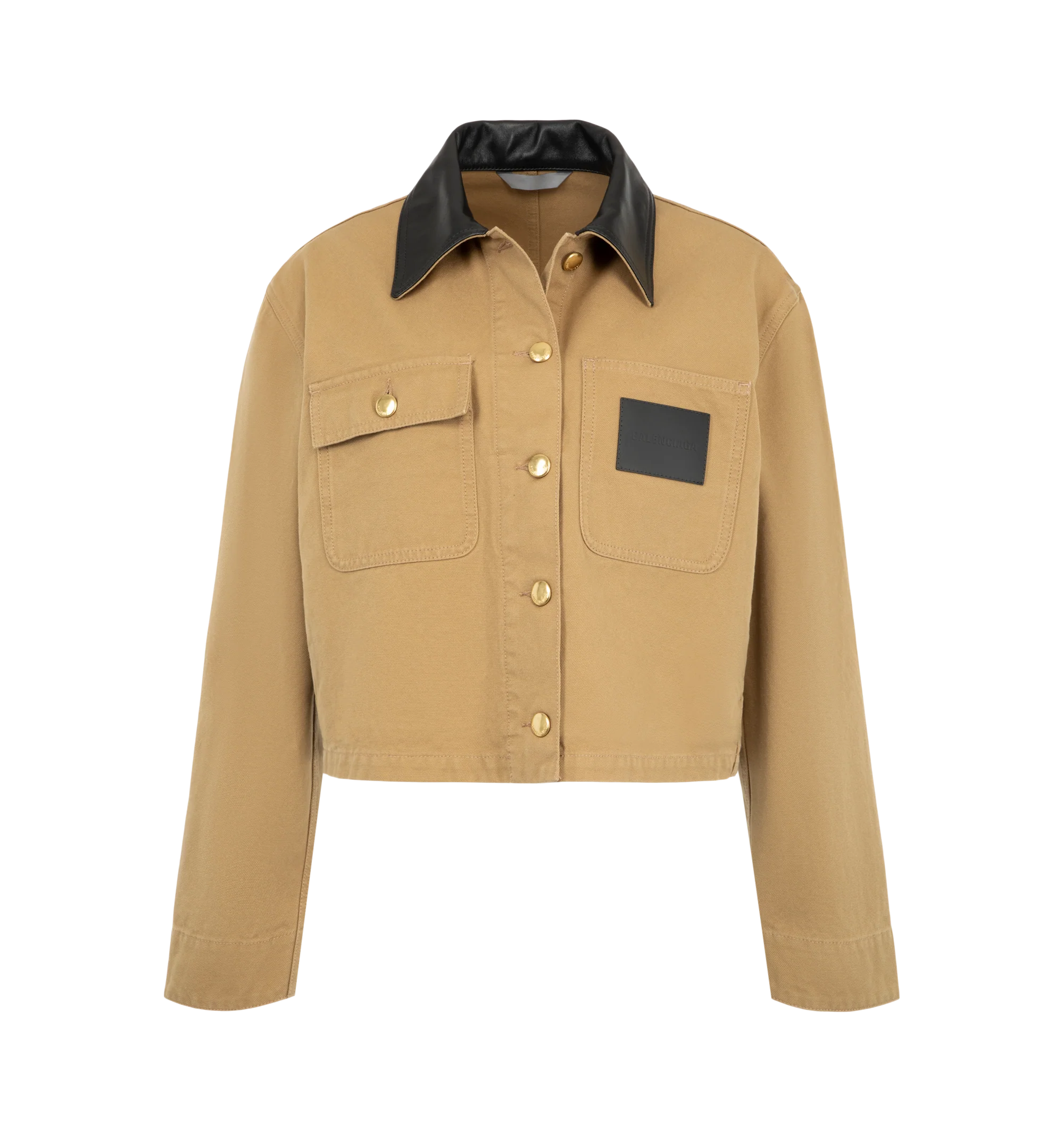 Image 1 of 3 - NEUTRAL - Balenciaga Women's Cropped Workwear Jacket is crafted from heavyweight cotton and features a cropped silhouette with a flat calfskin leather collar, a double-breasted five-button front, and gold-tone button detailing. Inspired by classic utility workwear, this designer jacket is finished with buttoned cuffs, a flap chest pocket, a patch pocket with a Balenciaga logo leather patch, and two front slash pockets, combining functional design with the house's modern aesthetic. Main Materi