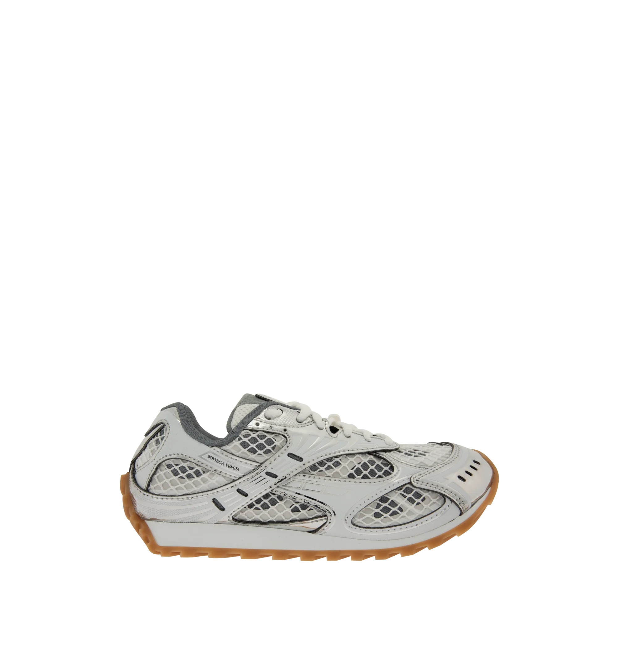 Image 1 of 5 - GREY - Bottega Veneta Orbit Sneaker featuring lace-up front, metallic rubber, mesh and fishnet panels, signature intrecciato weave and gripped soles. Rubber outsole. Made in Italy.