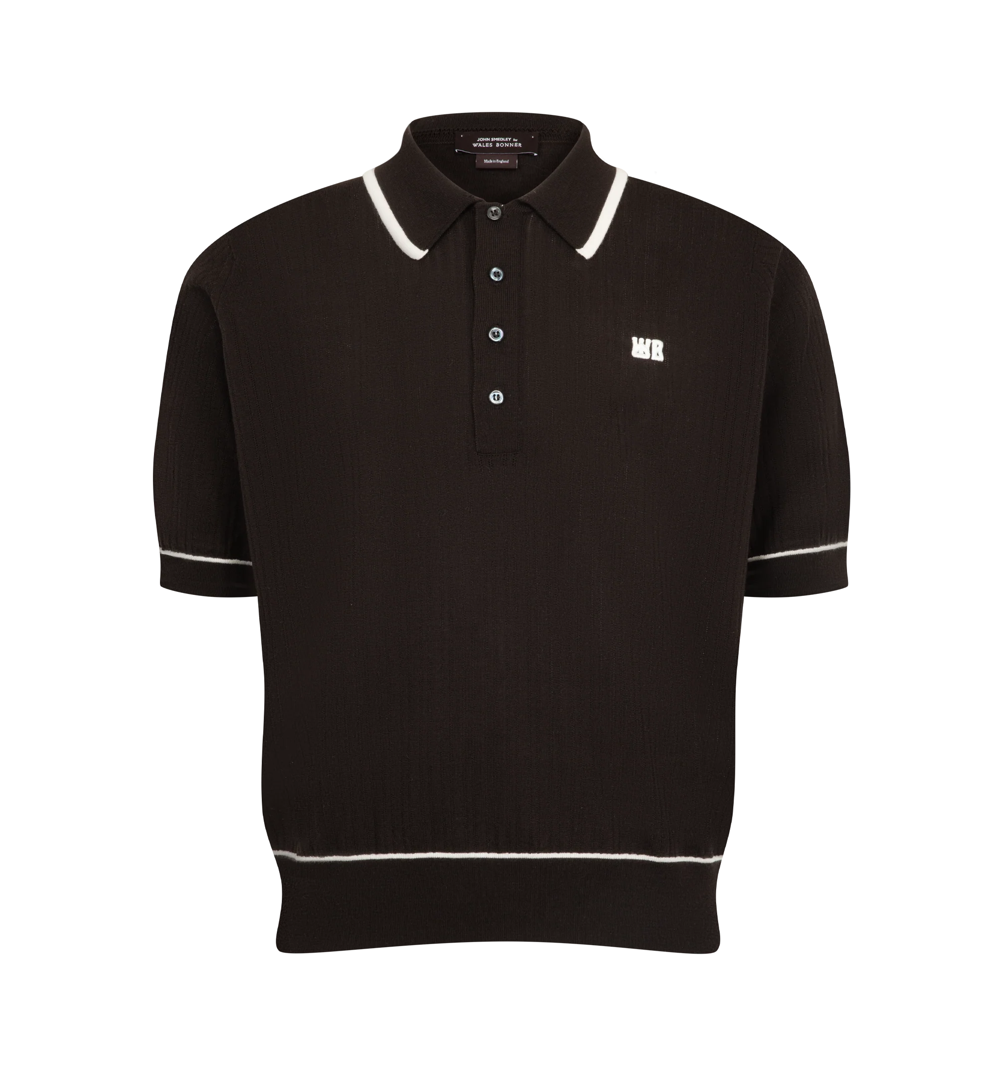 Image 1 of 2 - BROWN - The Wales Bonner Blessings Polo is crafted in wool lace knit, presented in dark brown and ivory. Materials: 100% Merino Wool. Made in England.