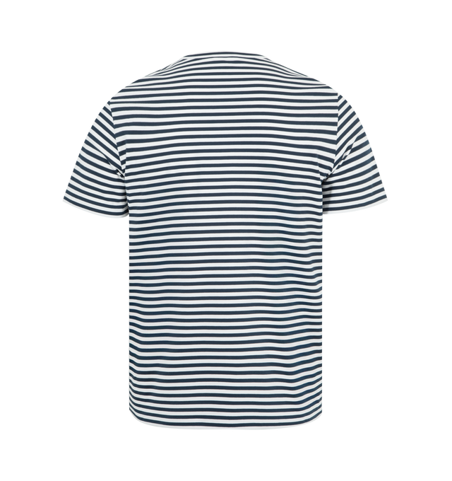 Image 2 of 3 - BLUE - MONCLER Striped Cotton T-Shirt featuring a stretch cotton blend, crew neck, short sleeves, chest pocket and leather logo details. 92% cotton, 8% elastane/spandex.