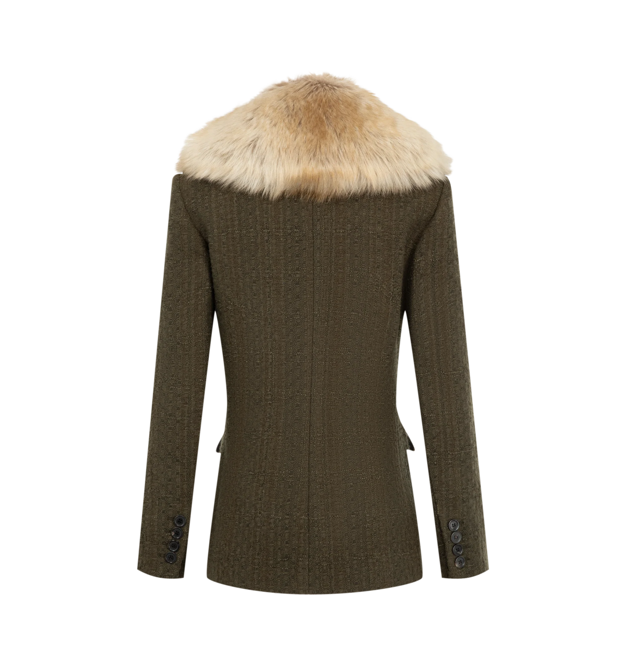 Image 2 of 2 - GREEN - Saint Laurent Womens Jacket is crafted from a wool blend with a lamb fur collar. Features a tailored silhouette, full silk lining, and luxurious fur trim. Main Material: 74% Wool, 26% Polyamide; Lining: 100% Silk; Collar: Lamb Fur. Made in Italy.