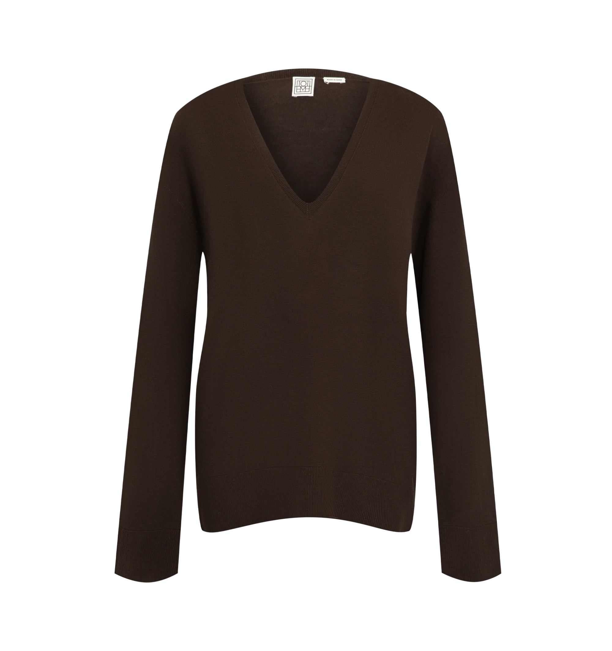 Image 1 of 2 - BROWN - Toteme Women's Fine V-Neck Knit is crafted from fluid lyocell blended with cashmere and features a relaxed, extra-long silhouette with a deep V-neckline. Ribbed trim finishes the neckline, hem, and cuffs. Main Material: 90% Lyocell, 10% Cashmere.