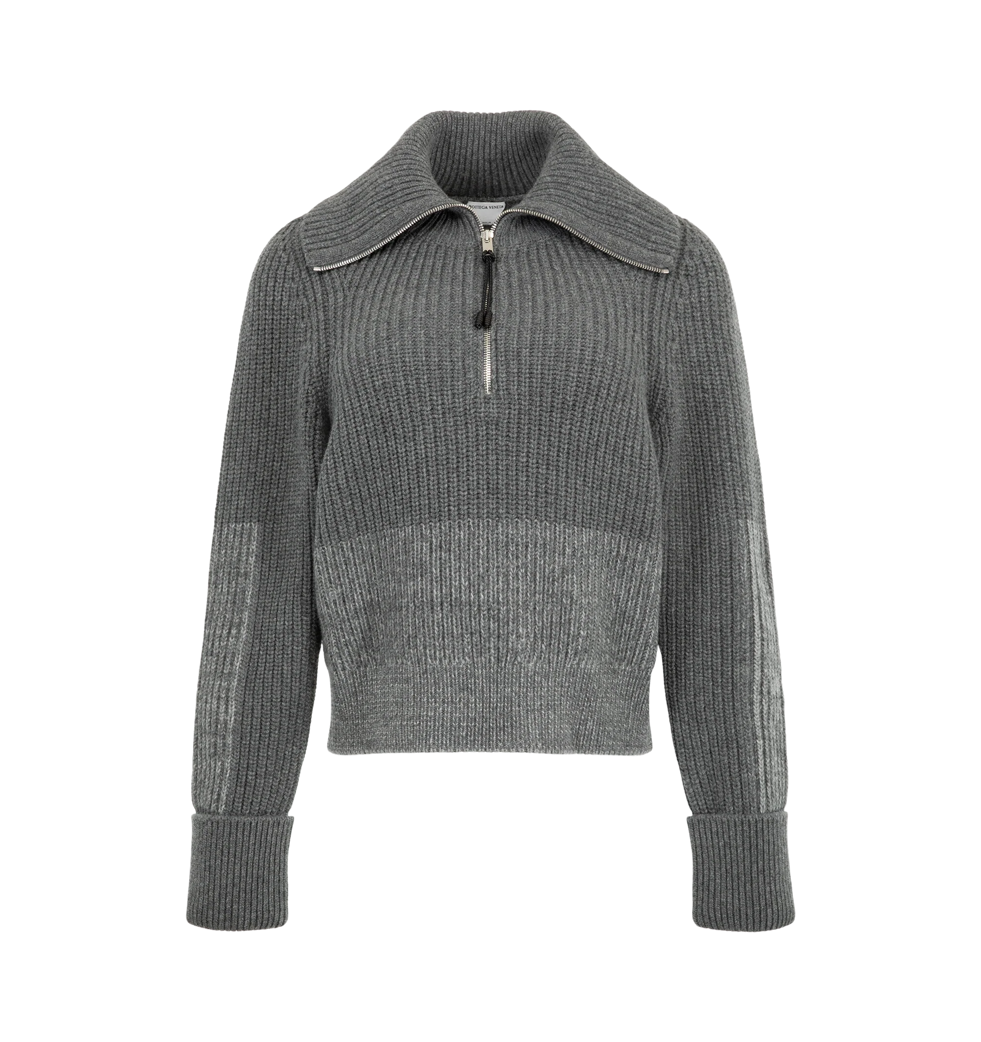 Image 1 of 2 - GREY - Bottega Veneta Women's Wool Cashmere Sweater is crafted from an english rib knit and features a coaxial leather zipper pull. Designed with a regular fit, it is finished with a half-zip closure and refined ribbed construction. Main Material: 50% Cashmere, 50% Wool. Made in Italy.