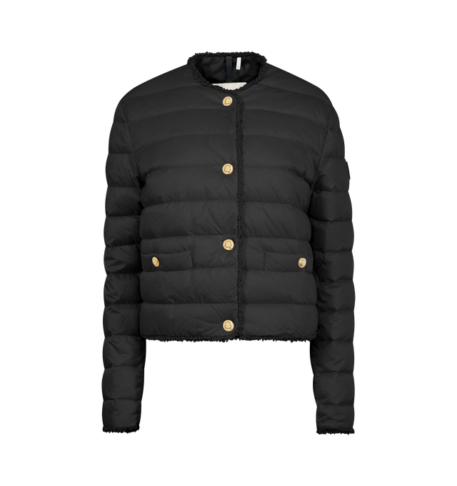 Image 1 of 3 - BLACK - MONCLER Fleurs Boucl-Trimmed Short Down Jacket featuring water-repellent main fabric, longue saison lining, boucl trim, down-filled, snap button closure, pockets with button closure and leather logo patch. 100% polyamide/nylon. Padding: 90% down, 10% feather.
