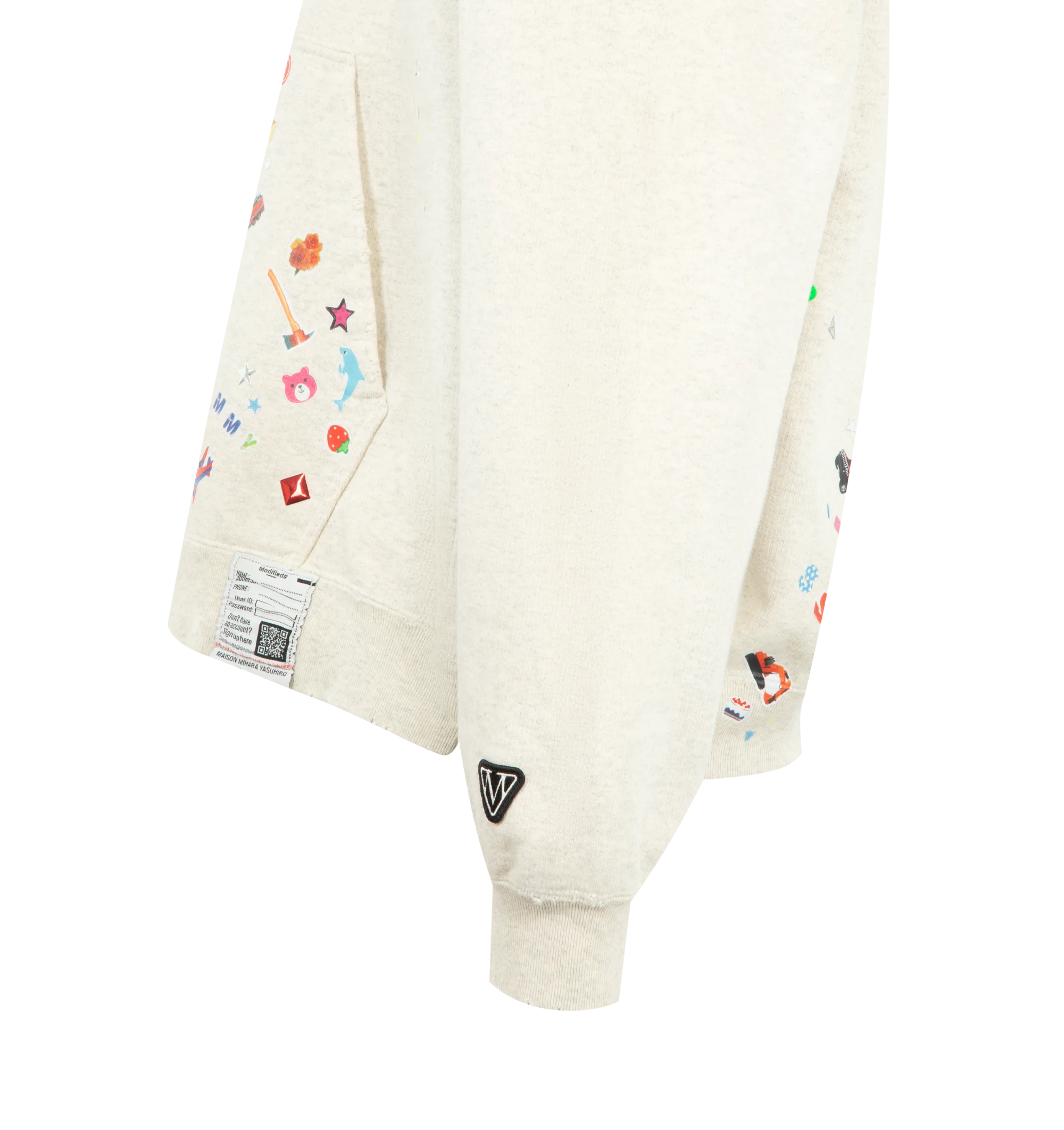 Image 3 of 3 - NEUTRAL - Maison Mihara Yasuhiro Kids Sticker Hoodie is crafted from cotton and features a relaxed silhouette with a drawstring hood, front kangaroo pocket, and signature Sticker graphic artwork for a playful contemporary look. This designer hoodie combines everyday comfort with Maison Mihara Yasuhiro's distinctive streetwear aesthetic, making it an easy layering piece for everyday wear. Main Material: 100% Cotton. Made in Japan.